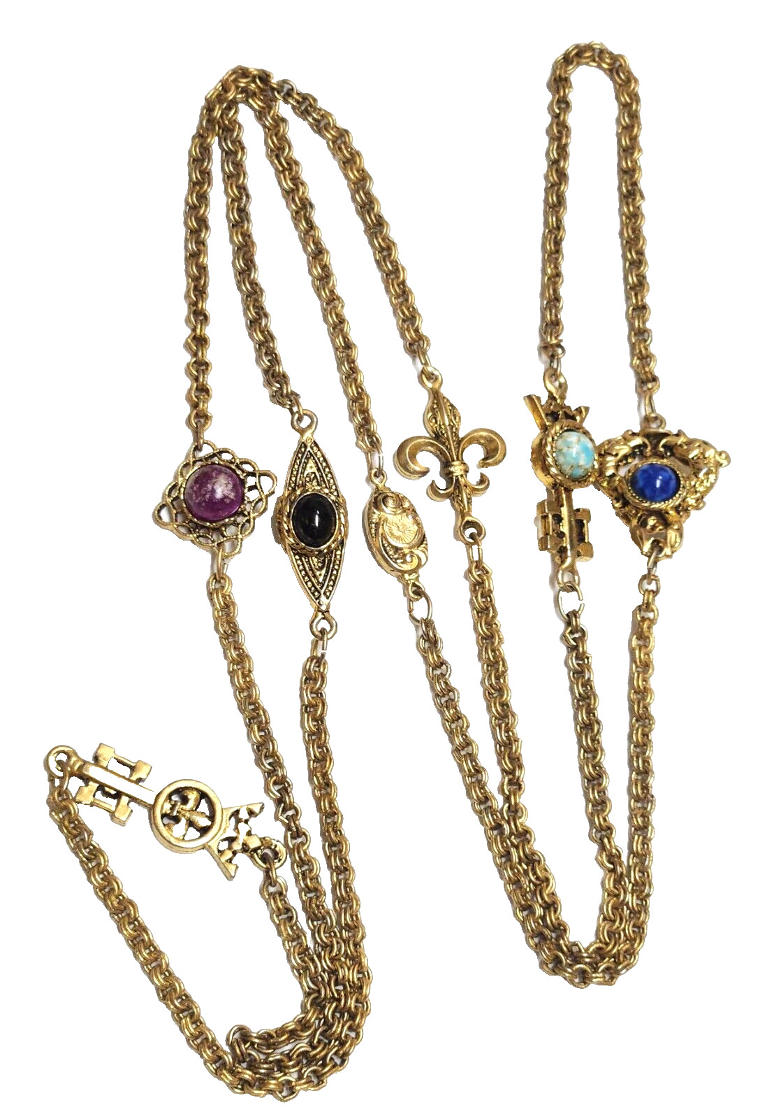 Vintage Unsigned Goldette Fluer de Lis, Faux Gemstone. Key Station Necklace 54″