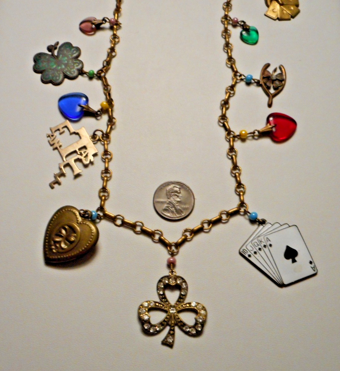 Vintage Glass Works Studio Brass Chain Necklace w 19 assorted Charms 30″ L