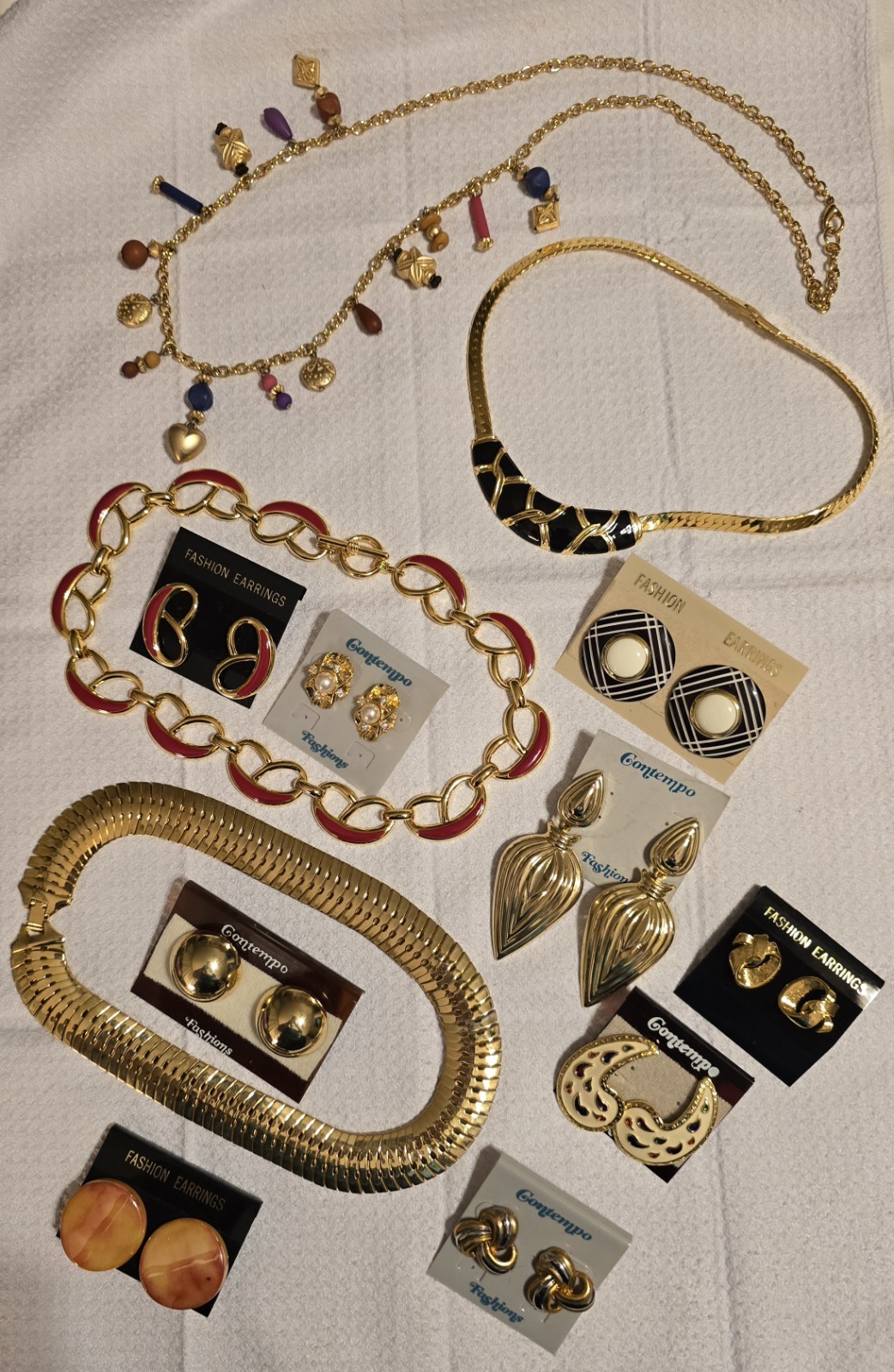 Contempo Fashions Lot 4 Necklaces, 9 Earrings, 1980s Vintage Retro Jewelry, NOS