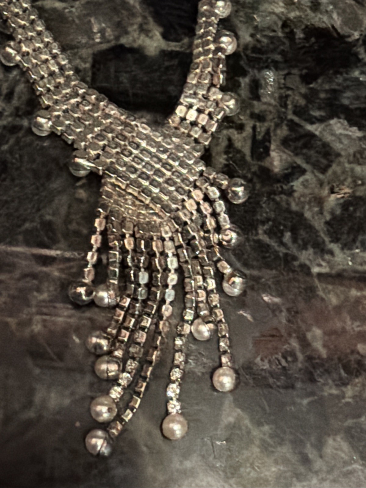 Vintage Rhinestone Swirl Glamour Pearl Dangle Necklace High End Costume Jewelry