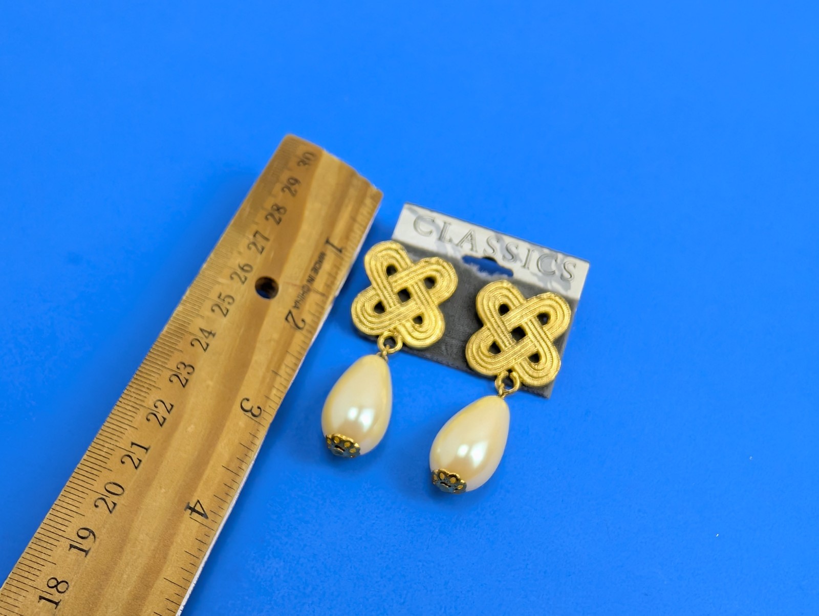Vintage Gold Tone Faux Pearl Classic Dangle Drop Earrings Large Celtic Knot