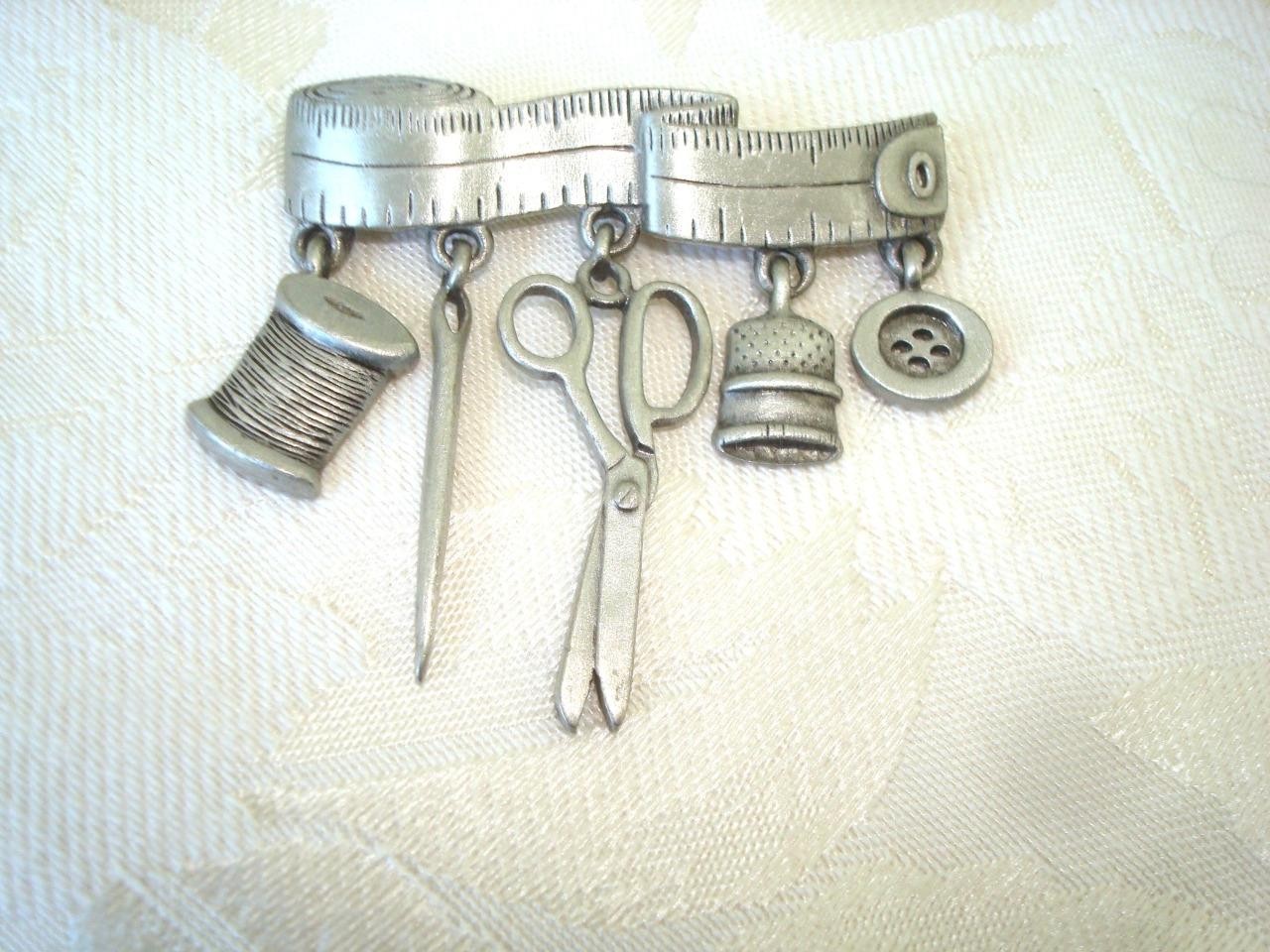 Vintage JJ Jonette Pewter Tape Measure Brooch Thimble Needle Thread Etc. Charms