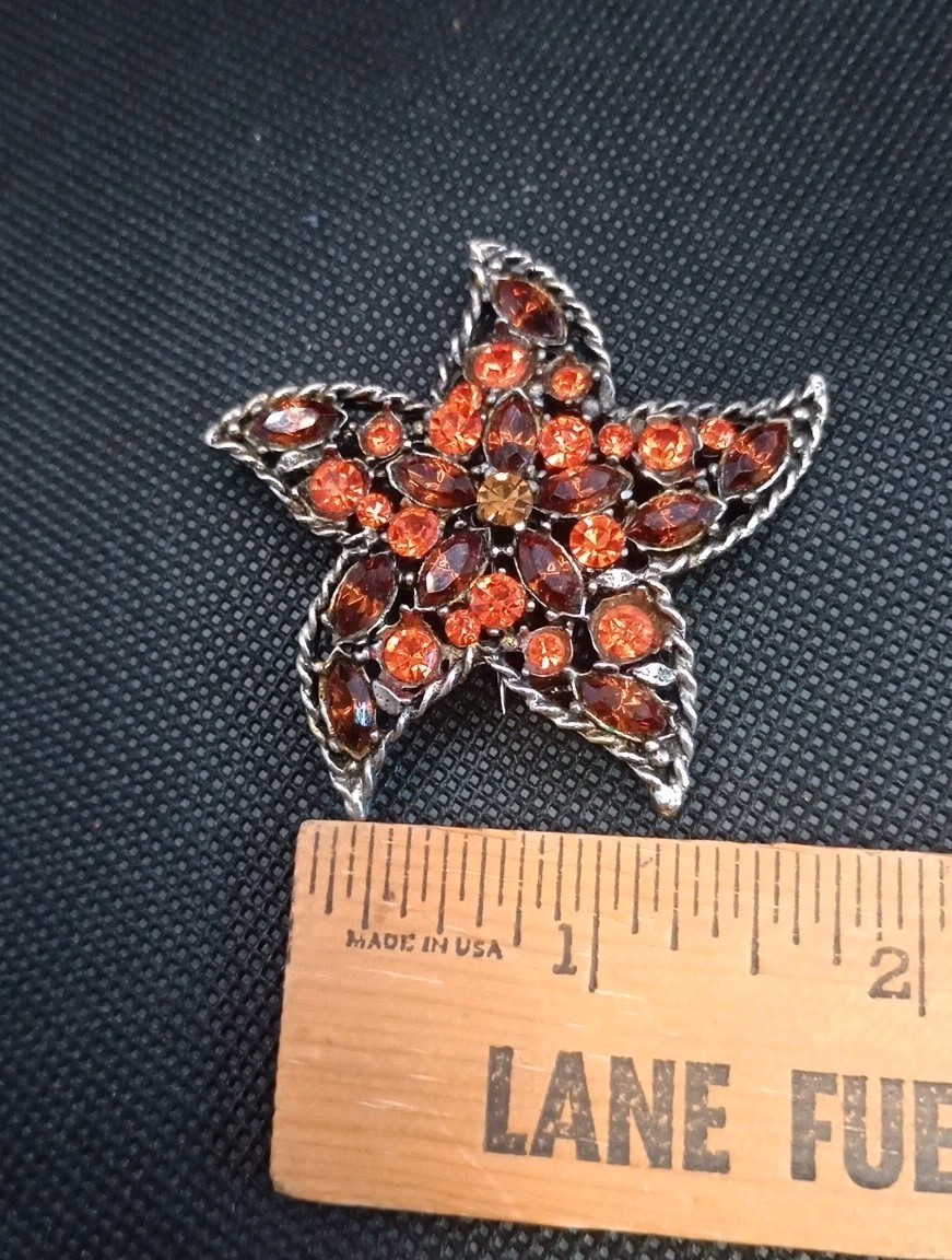 Vintage Brooch Starfish Gold Tone with Orange & Brown Rhinestones