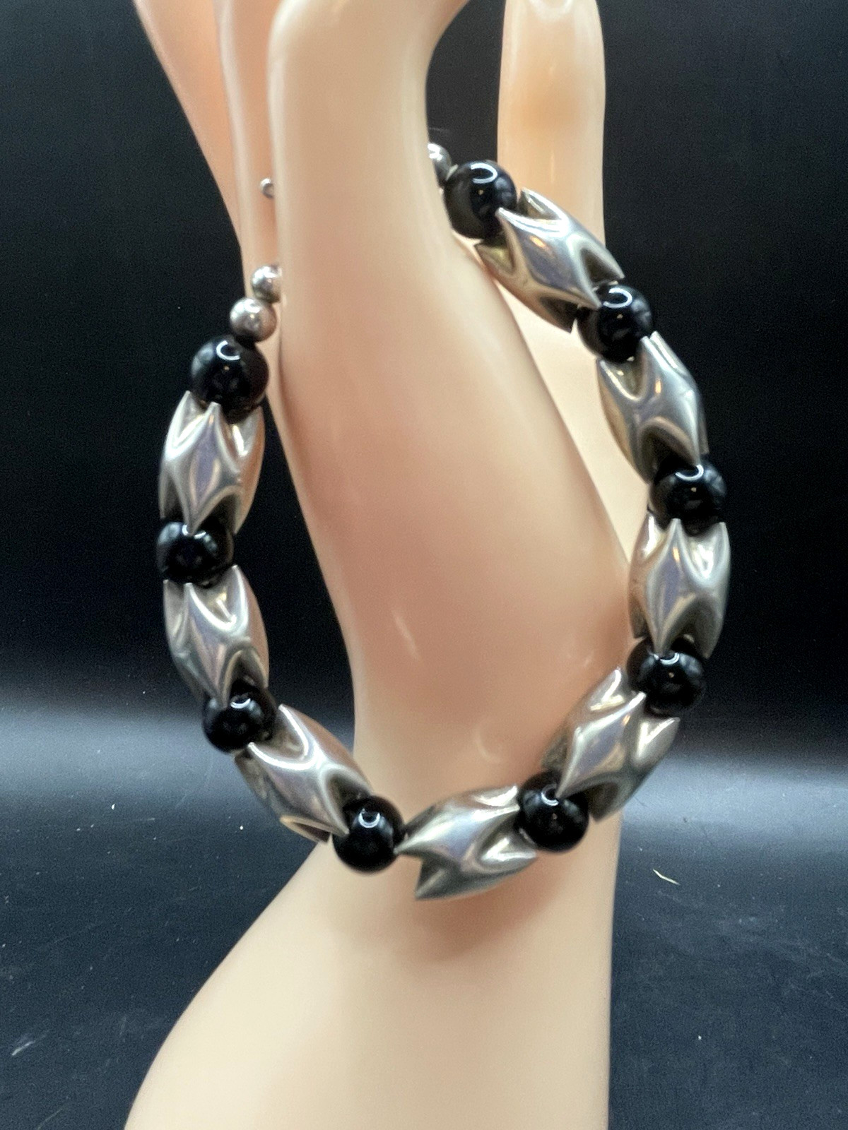 Vintage 925 Sterling Silver Black Tourmaline? Beaded Bracelet 6″