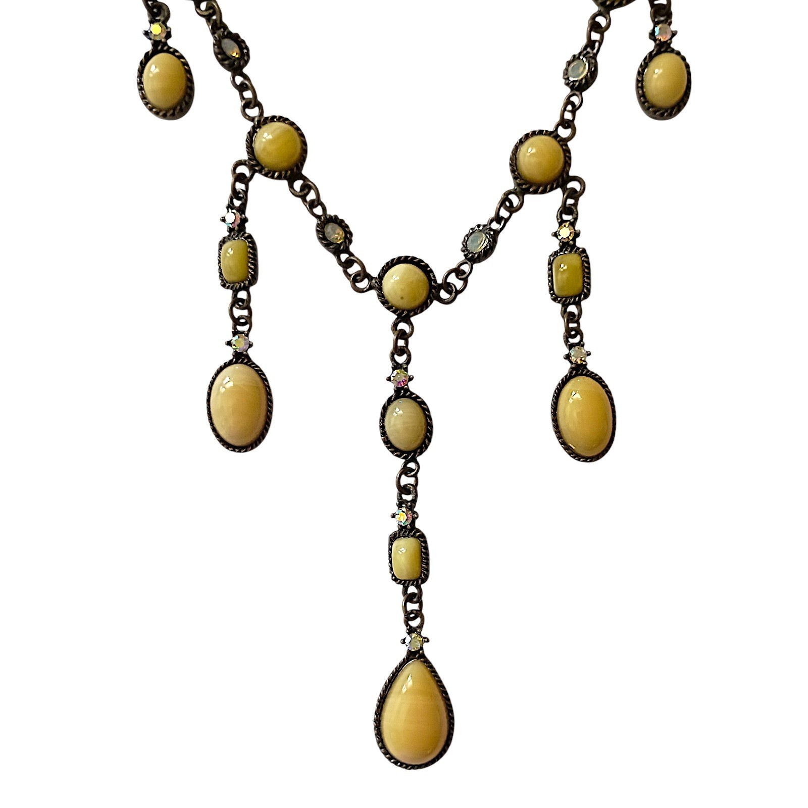 Vtg 90s Chandelier Bib Necklace Statement Egg Yolk Cabochon Art Nouveau Collar