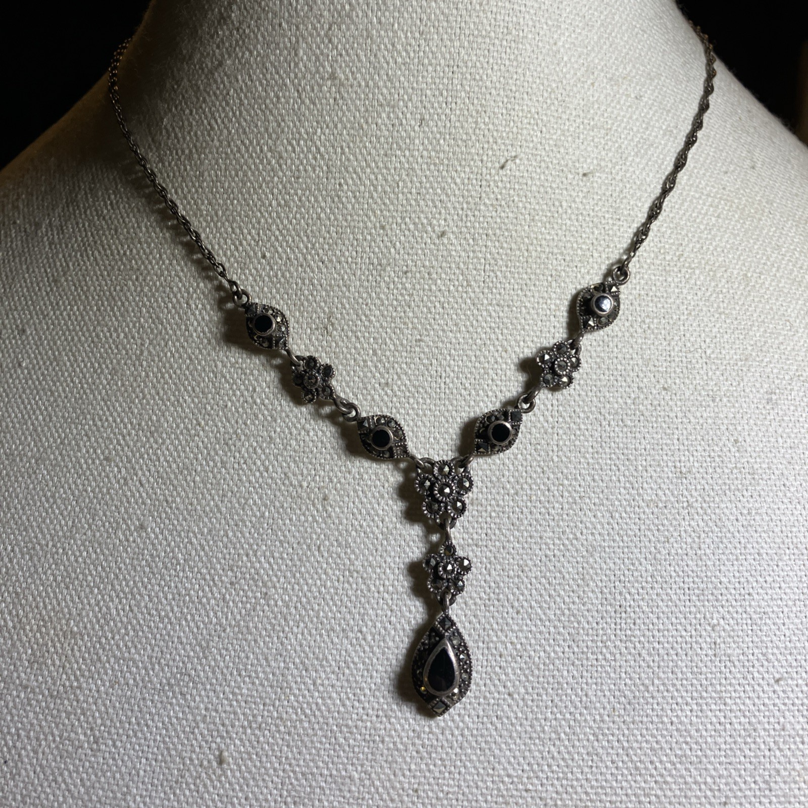 Vintage Victorian Black Onyx, Marcasite, Sterling Silver Lavalier Y Necklace