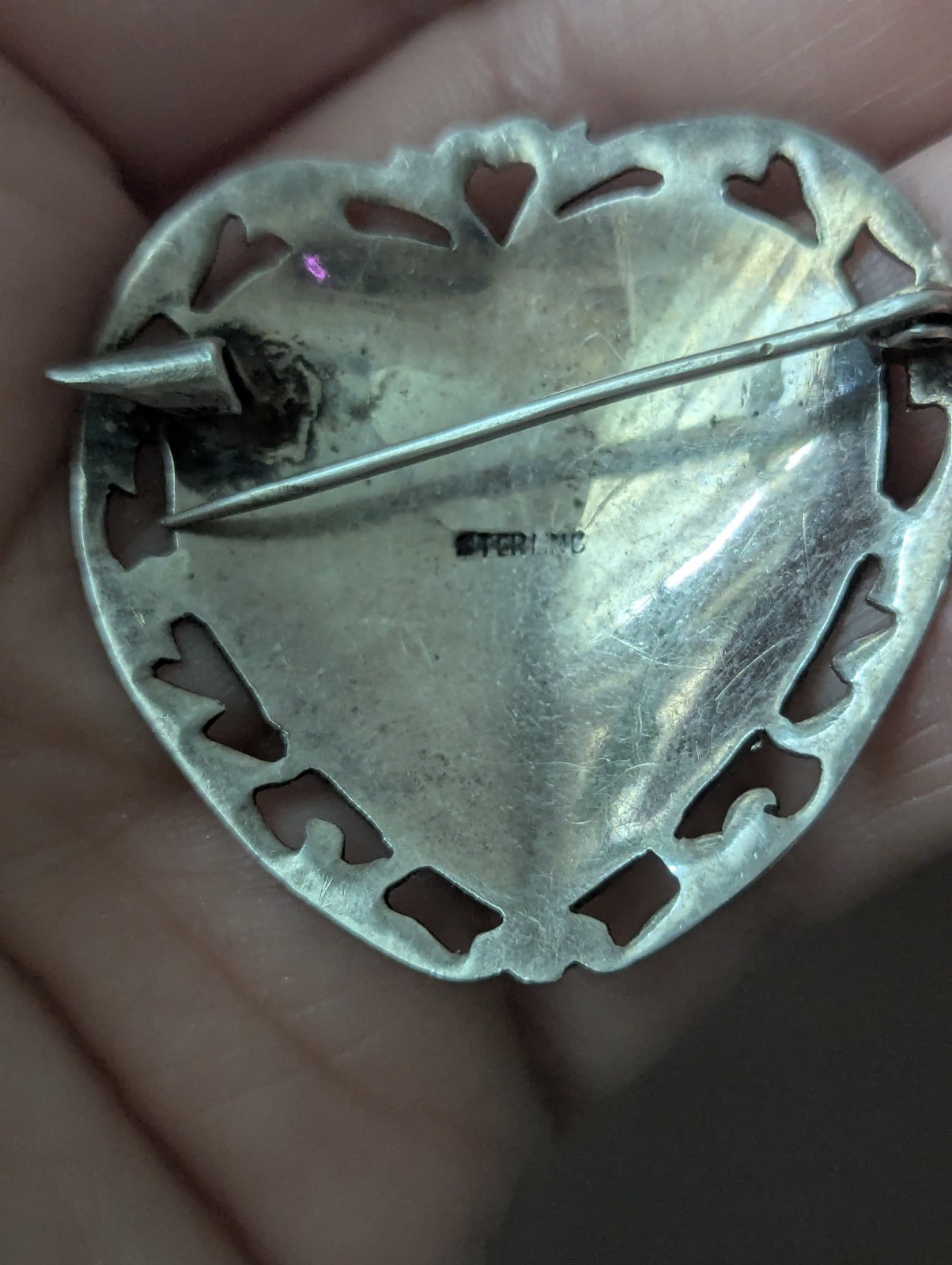 Vintage Siam Sterling Heart Black Niello Brooch Pin Lightning Goddess Love Art