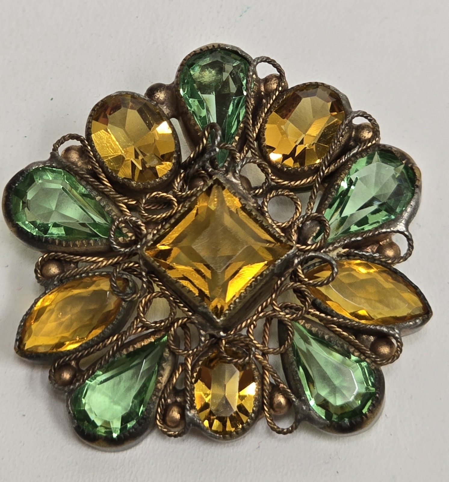Vintage Fashioncraft Robert Brass Filigree Bezel Green Yellow Rhinestone Brooch