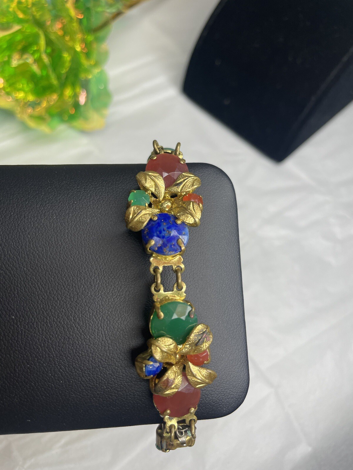 Vintage 1930’s Faceted Czech Glass- Gilt Metal Faux Gemstone SIGNED