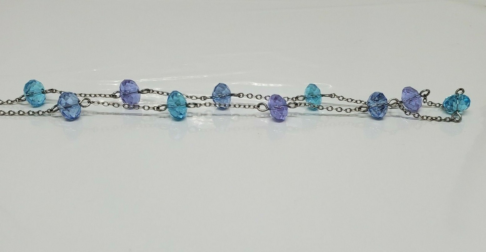 Vintage Beaded Purple Blue Necklace Rhinestone Silver Tone 18″ Adj