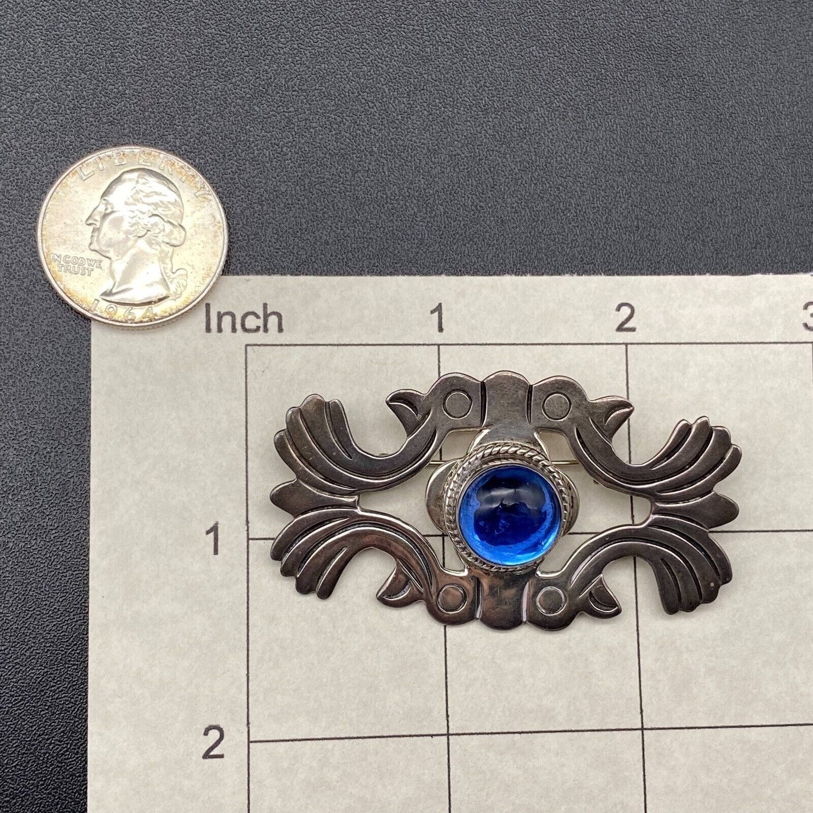 Vintage Mexico Icuala Blue Glass Sterling Silver Pin Brooch