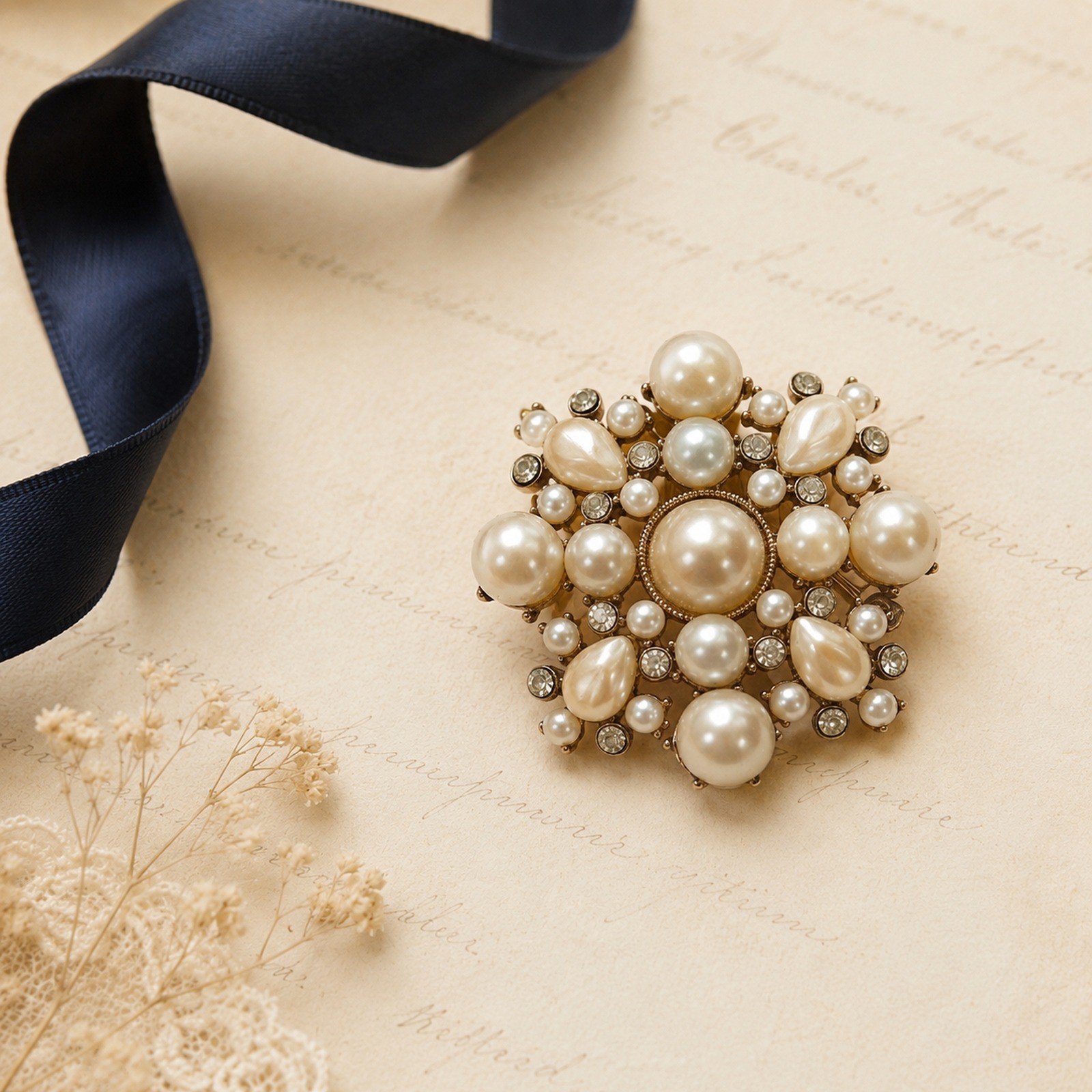 Monet Faux Pearl Rhinestone Brooch Gold Tone Floral Cluster Vintage OS