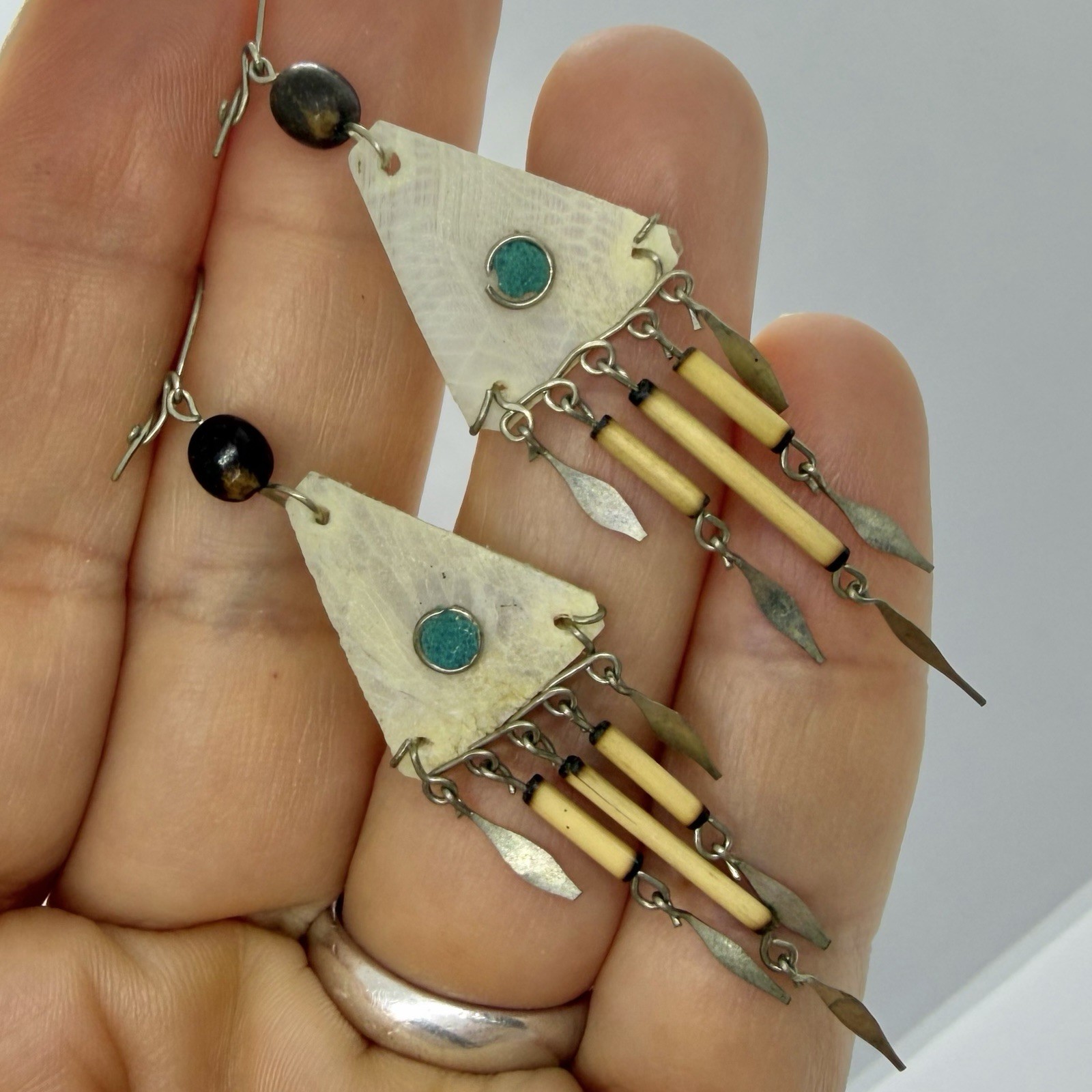 Vtg Tribal Scale Bamboo Chandelier Dangle Earrings Hook Ethnic Nature