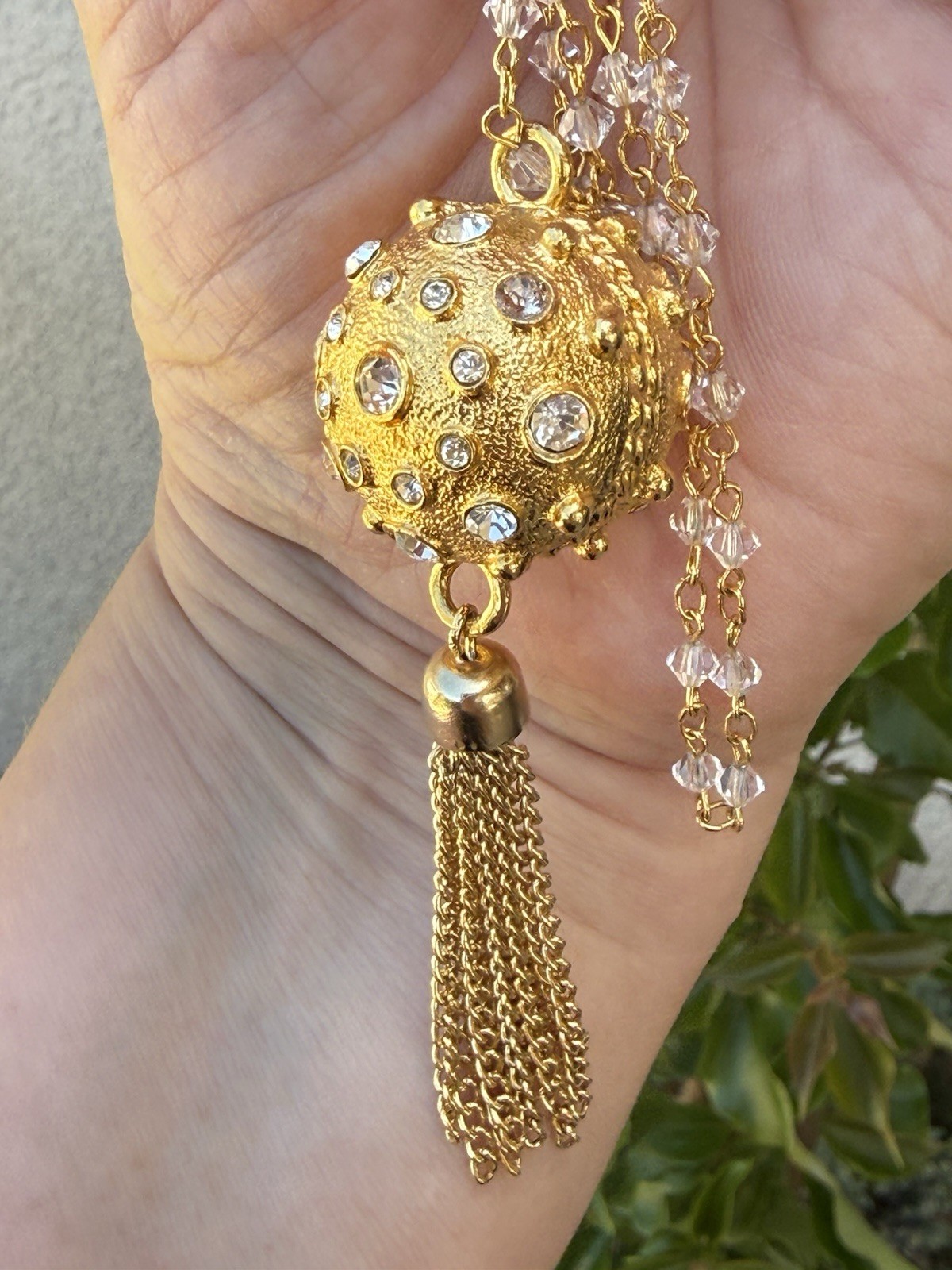 Vintage Austrian Crystal USA Gold Tone Ball Tassel Fringe Pendant & Necklace
