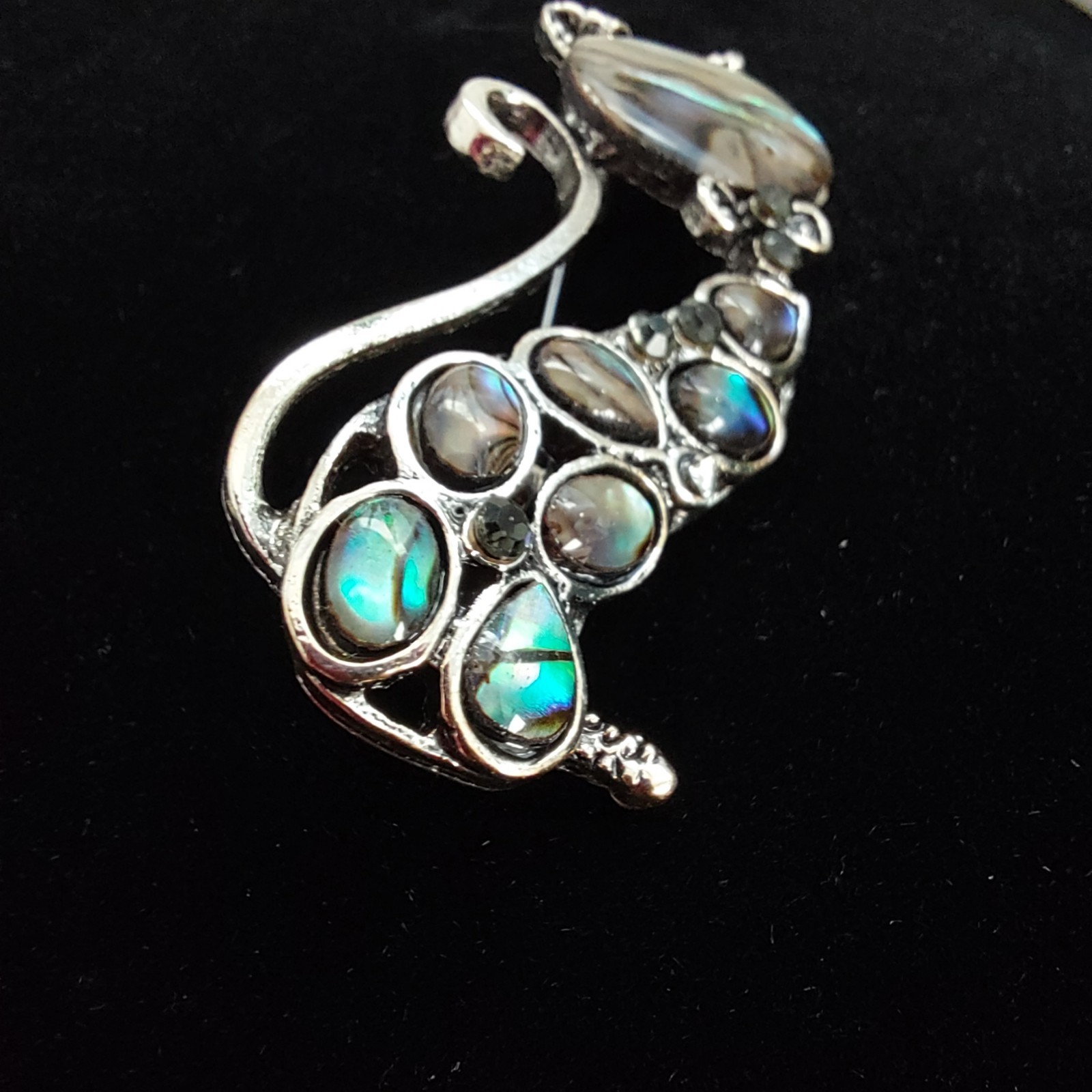 Whimsical Retro Cat Brooch Faux Abalone Silver Tone MCM Style 2″