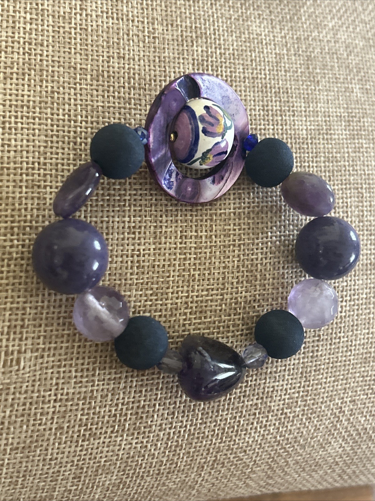 VTG Bead Bracelet Purple Matte w/ Abalone Ring Floating Floral Ball Hand Painted