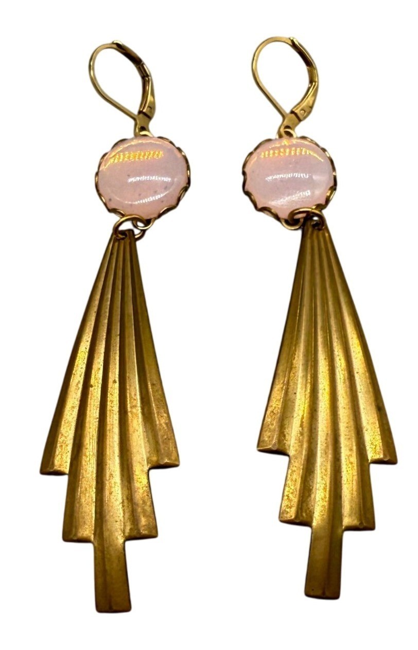 Vintage Pink Crystal Plated Dangle Drop Earrings Brass Tone Retro Classic