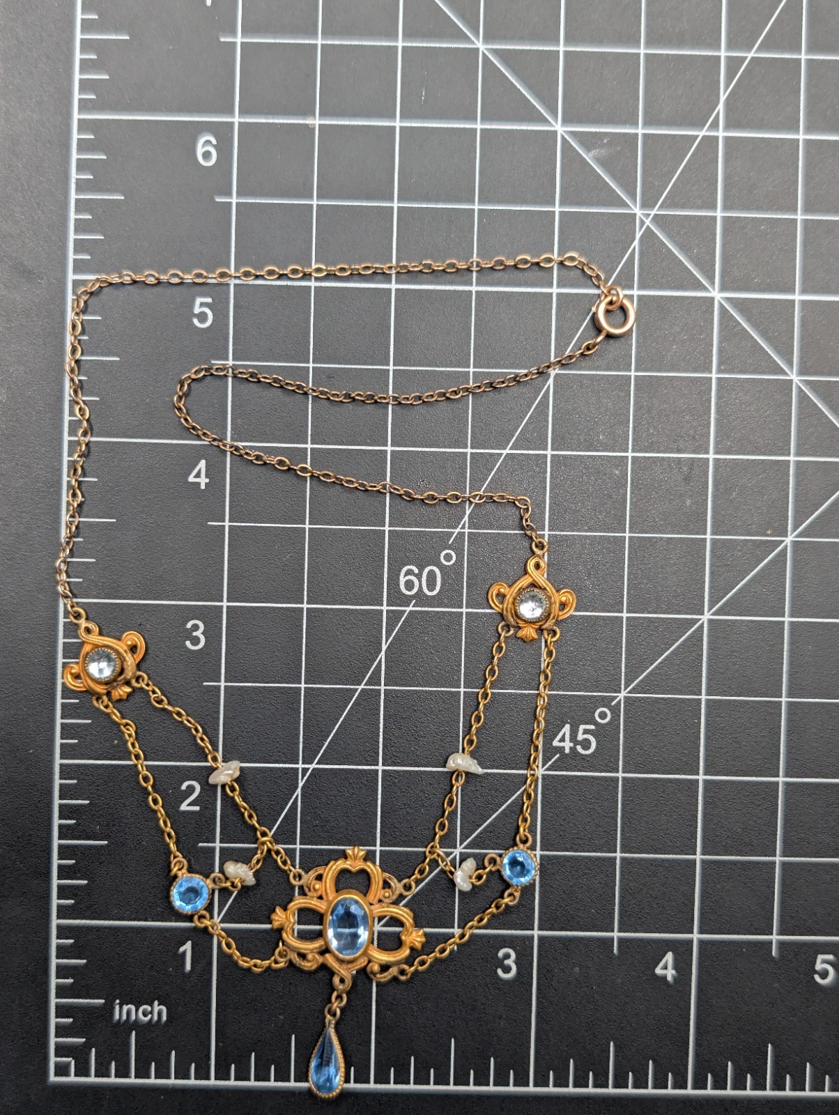AMAZING Art Nouveau Era Festoon Blue Glass Pearl Antique Vintage Necklace 16″