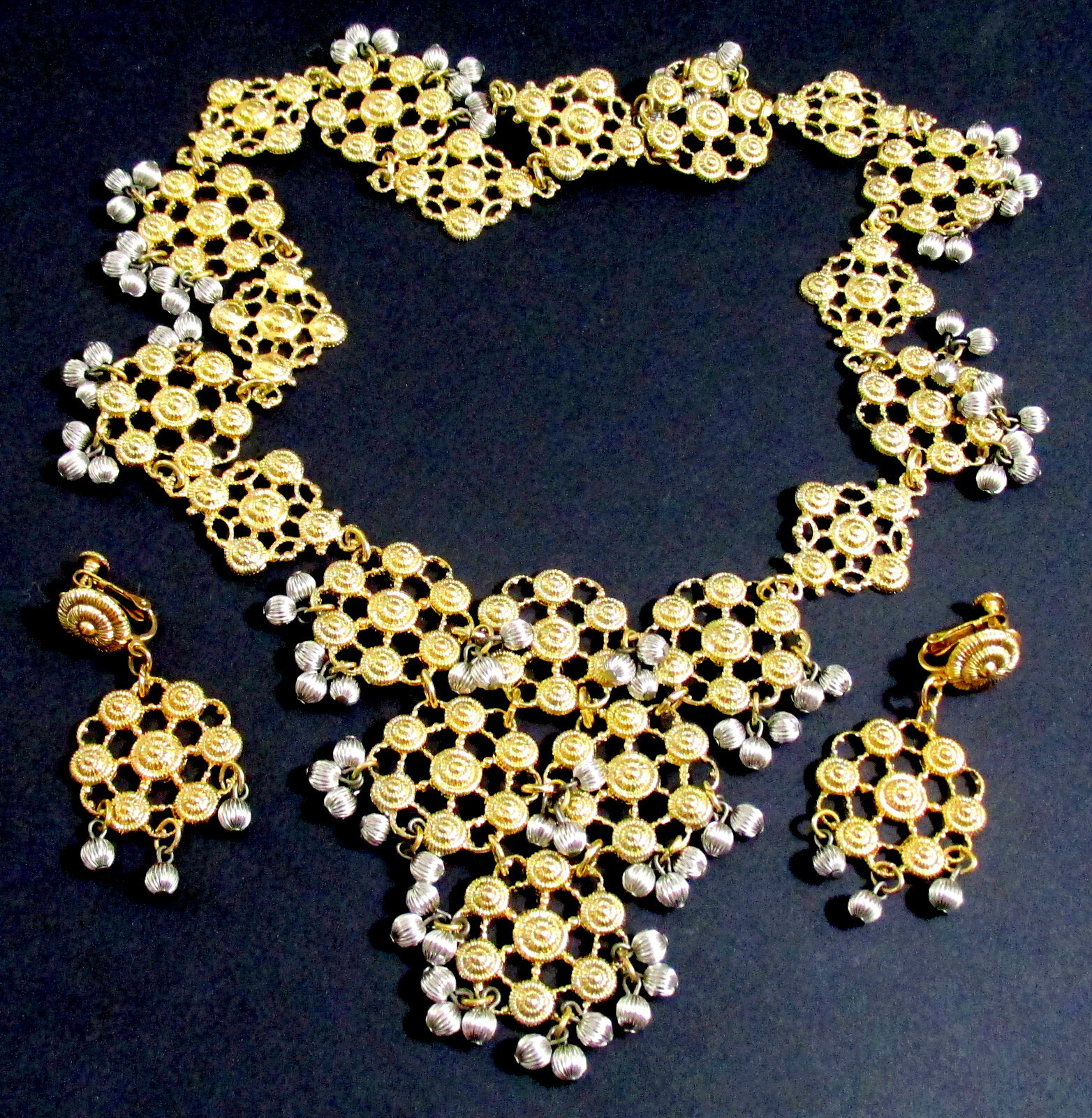 VTG Rare 70s Runway GP/Silver NAPIER Cannetille Filigree BIB NECKLACE EARRINGS