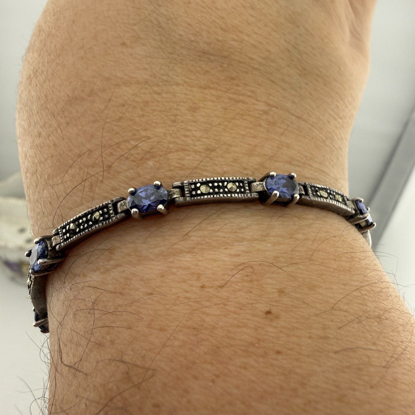 Vintage 925 CW Sterling Bracelet Blue Stones Marcasite 7.5” 13.36g