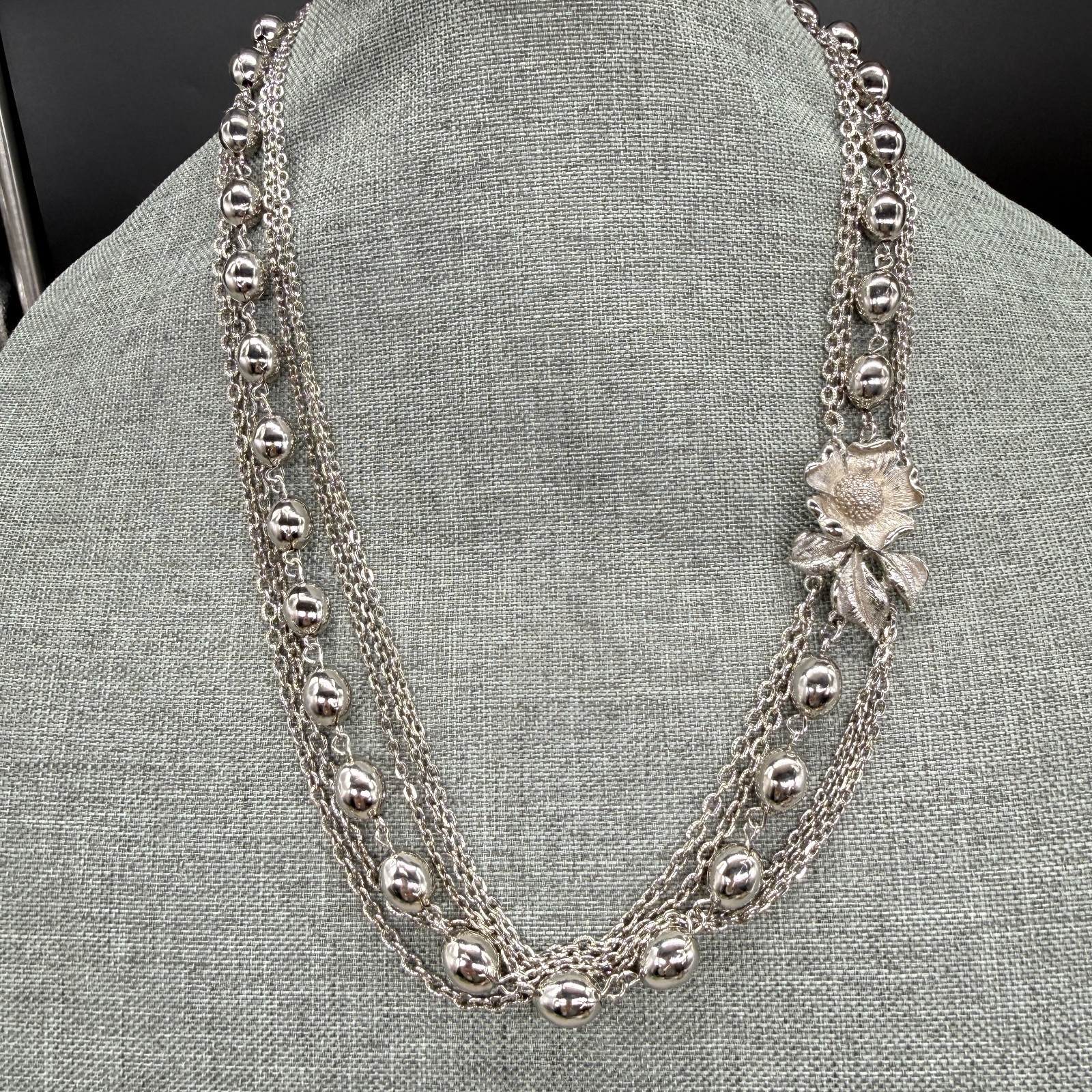 Vintage Necklace Silver Tone Chains and Beads Flower Clasp 23 Inches