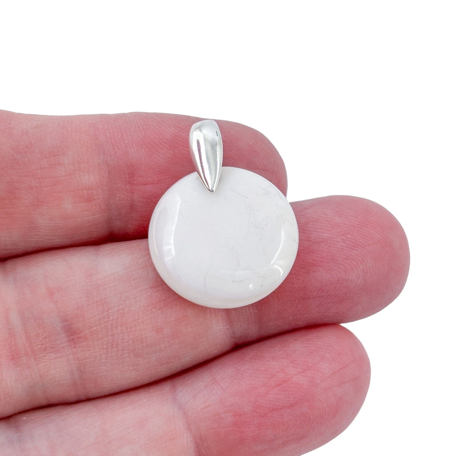 Vintage Sterling Silver 925 White Agate Disc Pendant