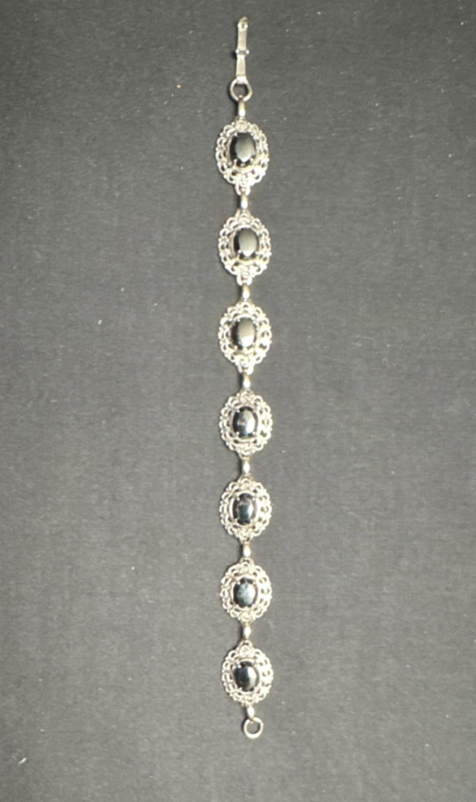 Vintage Silver Tone Oval Link Bracelet with Black Stones