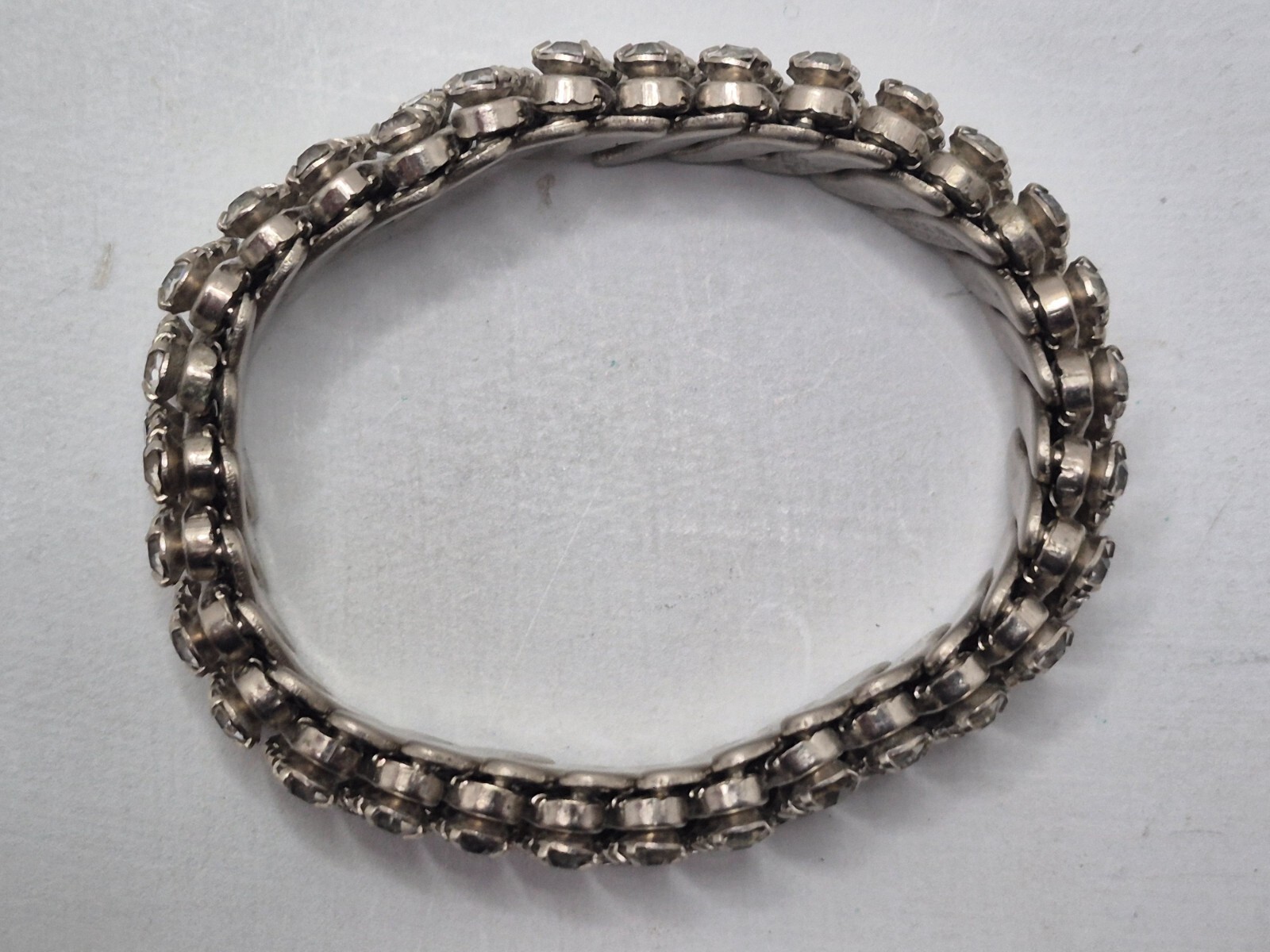 Silver Tone With White Rhinstone Stretch Bracelet “MADE IN BRITISH HONG KONG”