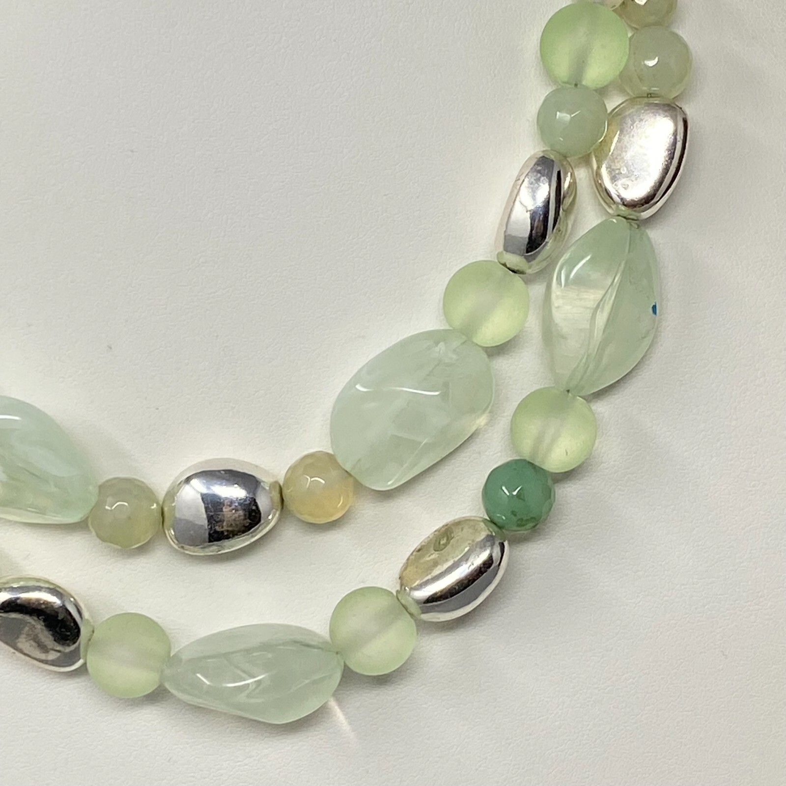 Multi Strand Necklace Green Gemstone Glass Acrylic Beads Frost Swirl Silver Tone