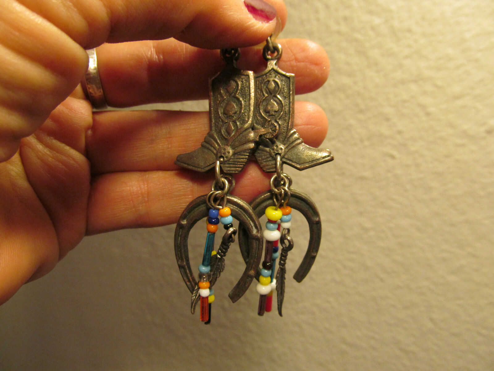 Western Brass tone Cowboy boots Horseshoe Feather Colorful beads Stud Earrings