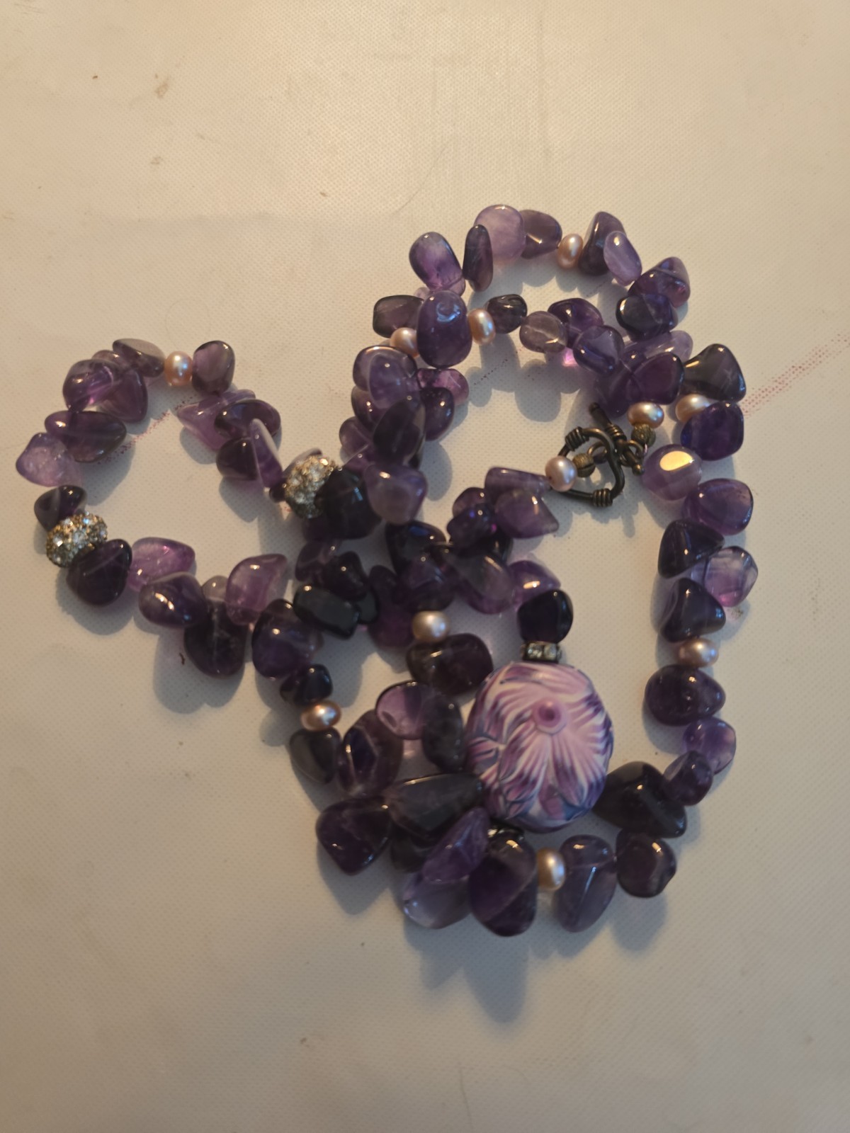 Vintage Amethyst Necklace Dark Purple Tumbled Polished Chips Pearl Rhinestone