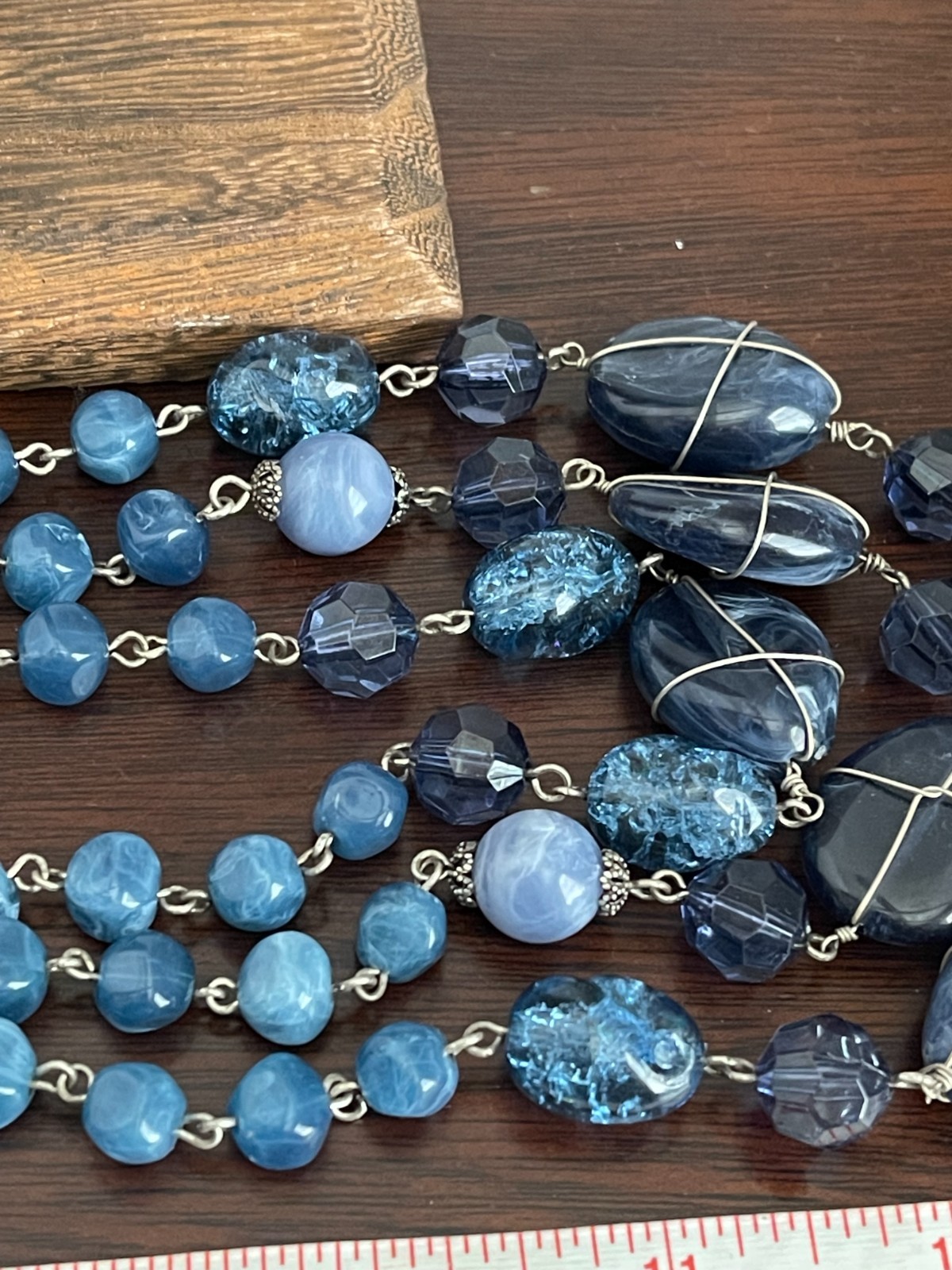 Multi Strand Necklace Blue Acrylic Wire Wrapped Beaded Accented Silver Tone Boho