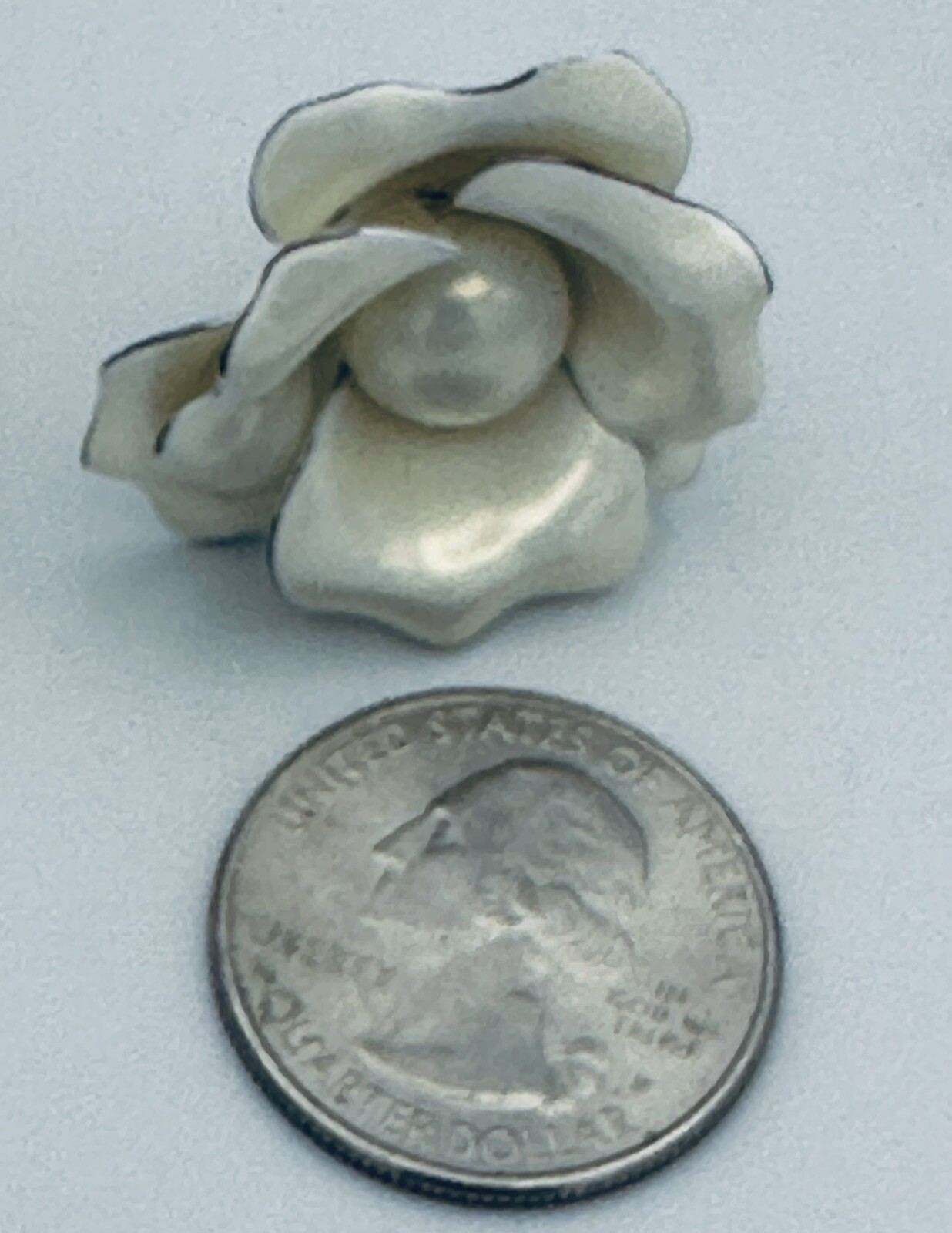 Vintage White Enamel Pearl Finish Metal Flower Earrings Clip On 1.5” ￼