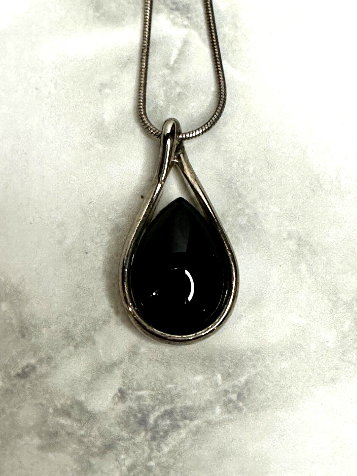 Silver Tone Necklace with Black Teardrop Cabochon Pendant – 16″