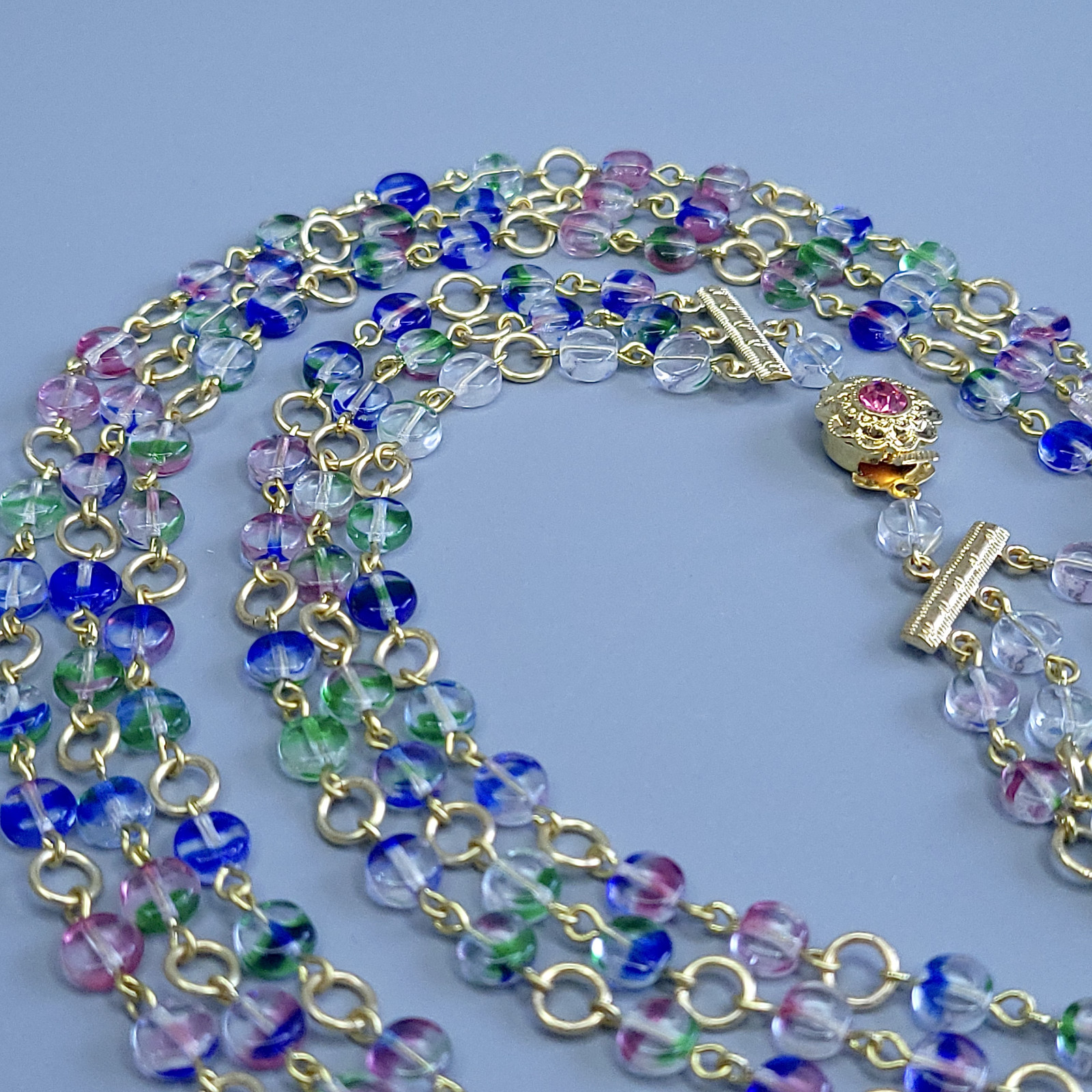 Iris Glass Necklace 22” Multicolor Czech Vintage Beads Women`s Jewelry