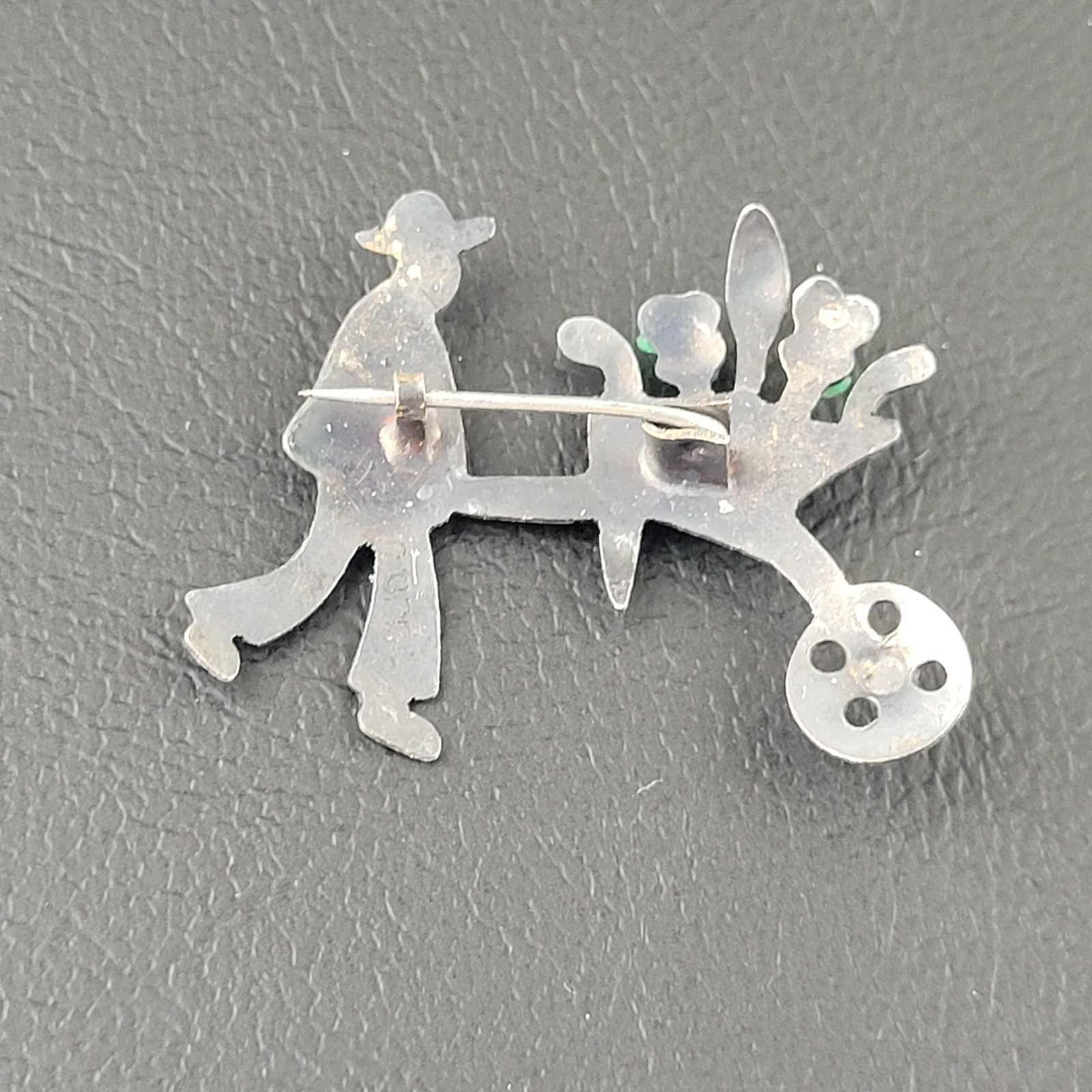 Vintage Man With Flower Cart Brooch Signed 980 Thin Silver Tarnished C Clasp