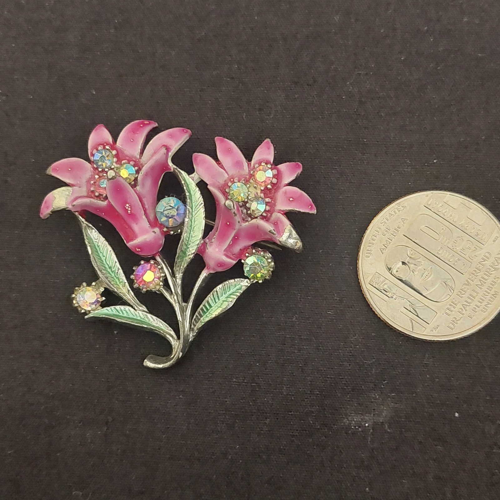 Vintage British Pink Green Guilloche Enamel Lily Rhinestones Flower Brooch
