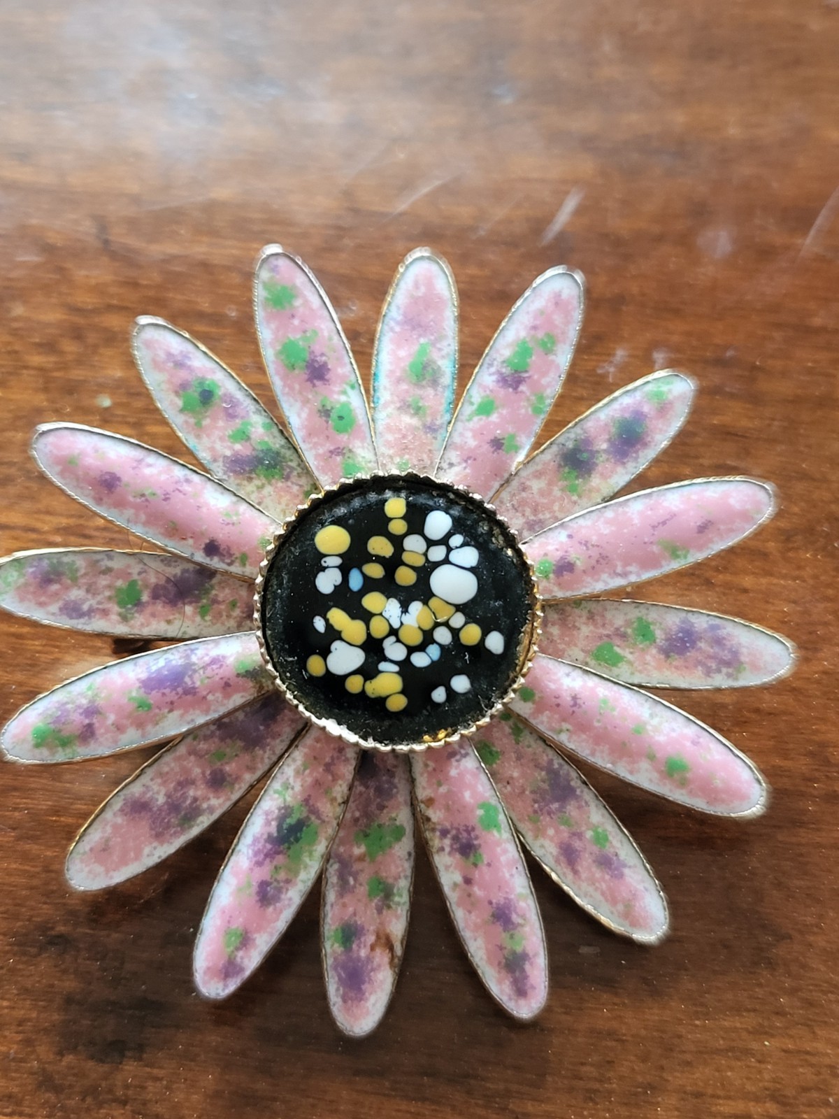 Vintage Pink And Green Enamel Daisy Brooch 1960s