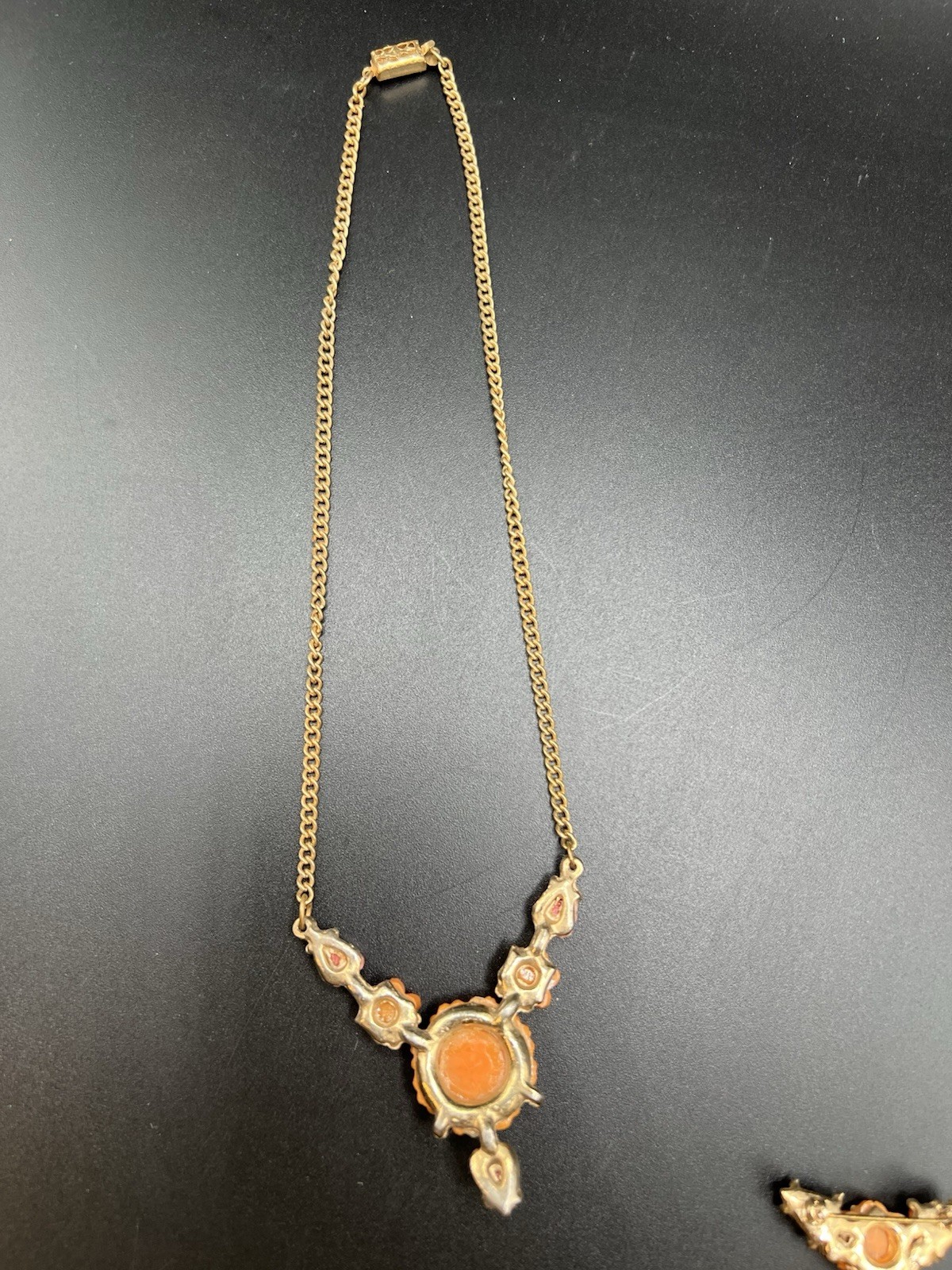 Art Deco Molded/Carved Peach Pink Floral Necklace & Matching Brooch