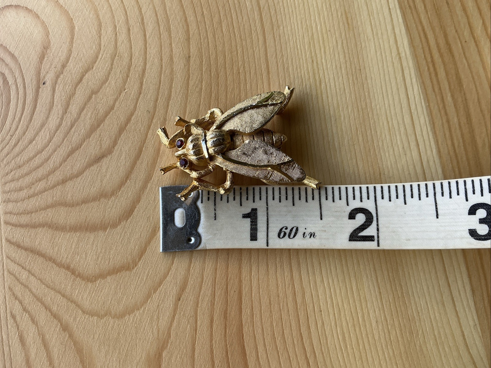 Vintage Fly Brooch Pin with Red Rhinestone Eyes Textured Gold Tone Medium Chunky