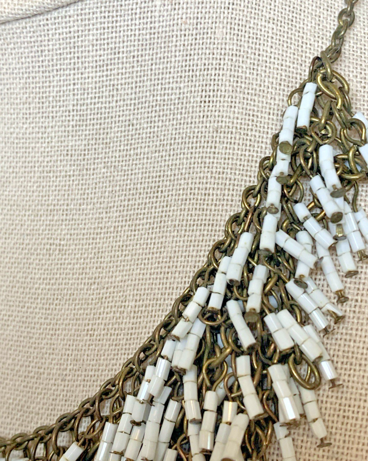 Vintage Beaded Fringe Bib Necklace White Bugle Bead Cascade Statement