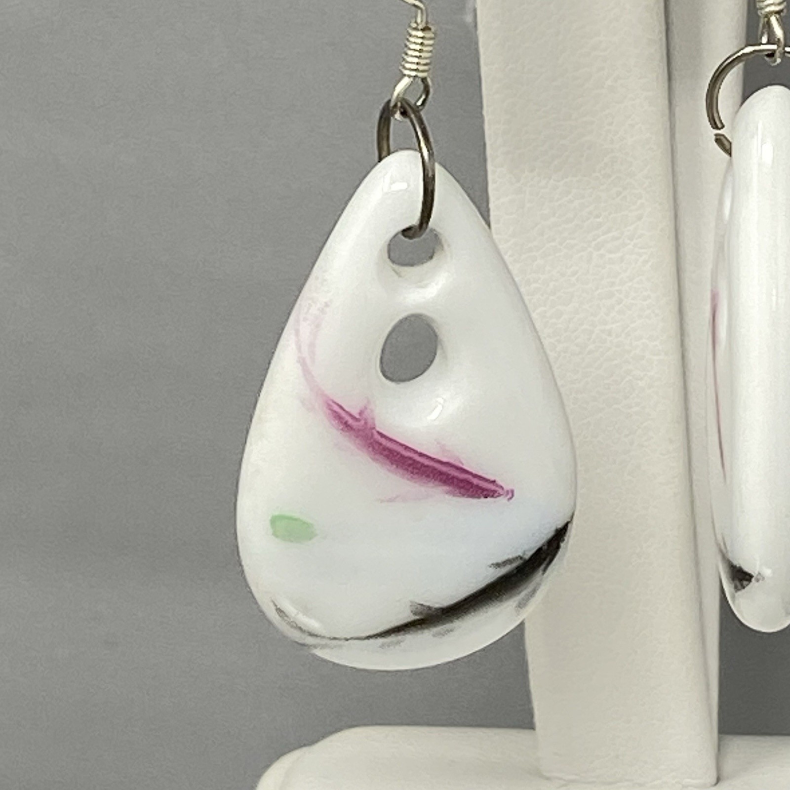 White Glass Bead Earrings Pink Black Splatter Teardrop Pierced Dangle Drop Hook