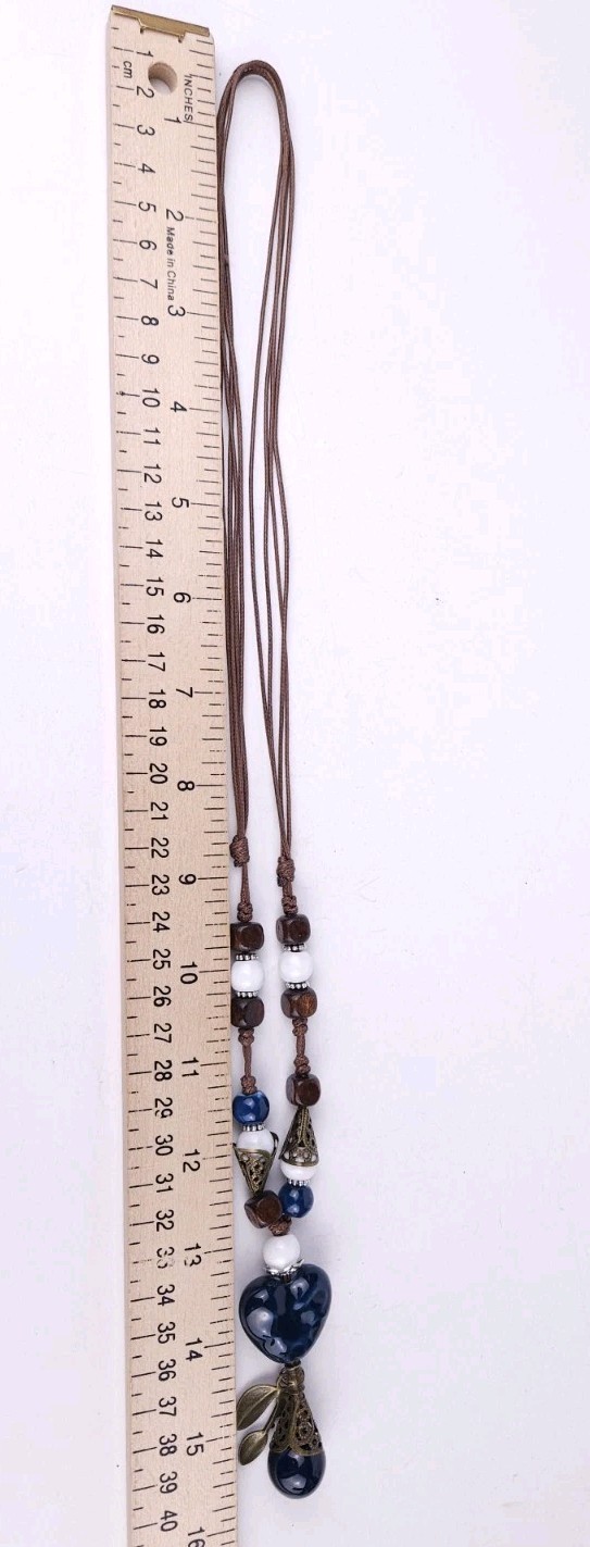 Blue Ceramic Heart White Wood Brown Beaded Corded 26″ Necklace