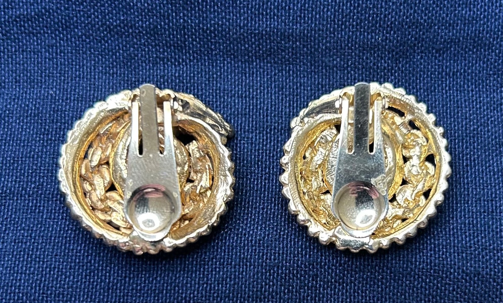 Vintage Round Button Knot Swirl Ribbon Flower Clip-On Earrings