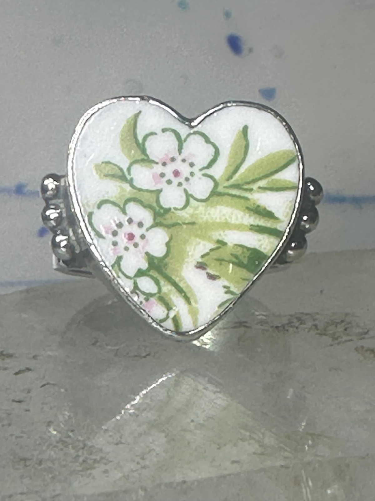 Heart ring Porcelain Ceramic floral flowers Valentine band size 8.50 sterling si