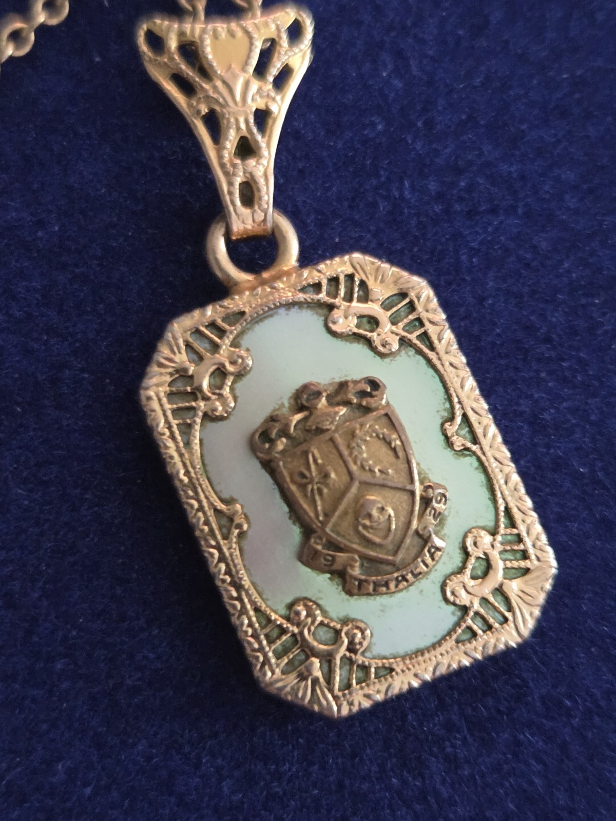 Antique 1929 Fraternity Sorority Pendant MOP Necklace GF 16″ Delicate Chain