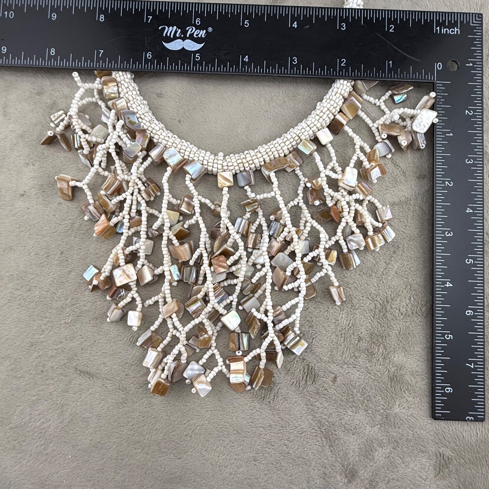 Vintage Beaded Bib Necklace Abalone Fringe 19”