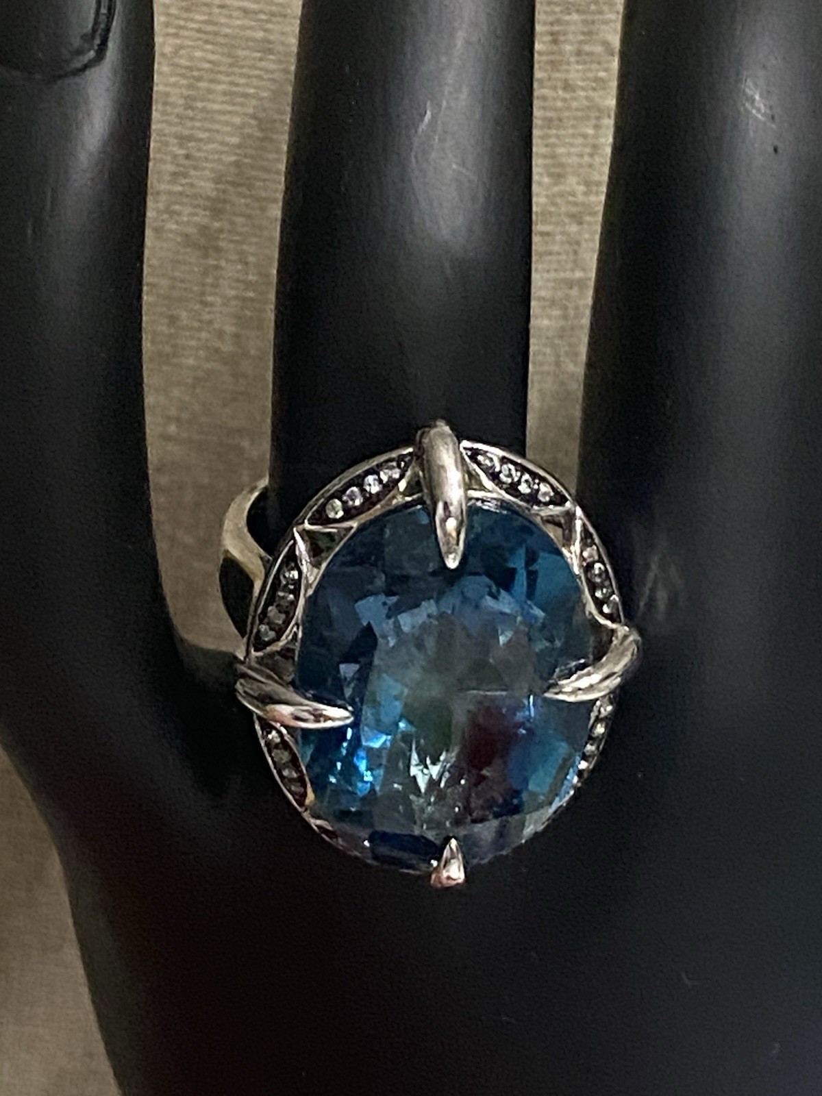 Large London Blue Topaz White Zircon 26ctw Sterling Silver Ring QVC Size 6