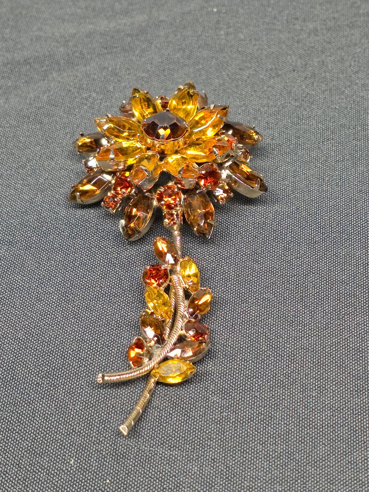 Vtg Tiered Amber Topaz Rhinestone Flower Brooch 4.25″ Large Stem Pin Foil Back