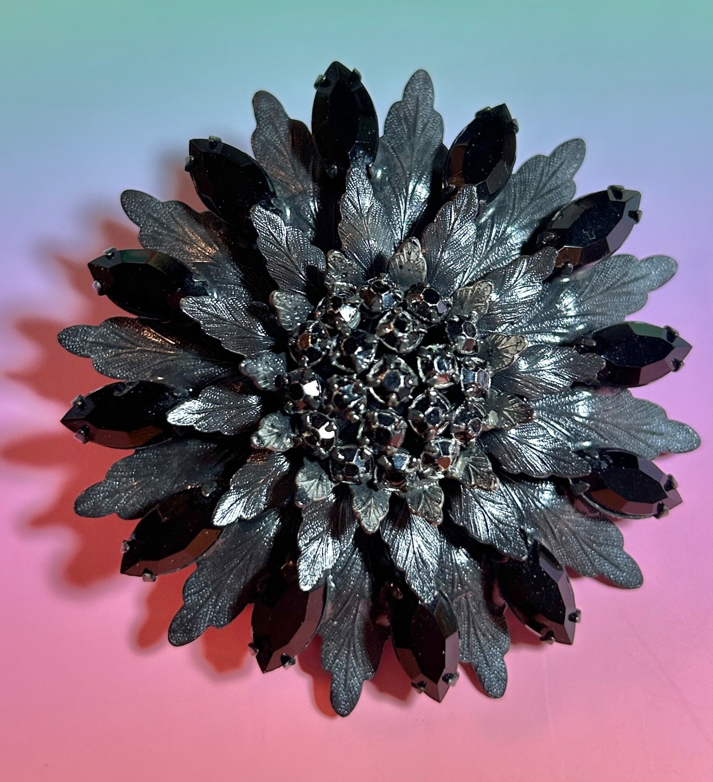 Vintage La Roco Large Rhinestone Flower Brooch Gunmetal Gray & Black 2.75”